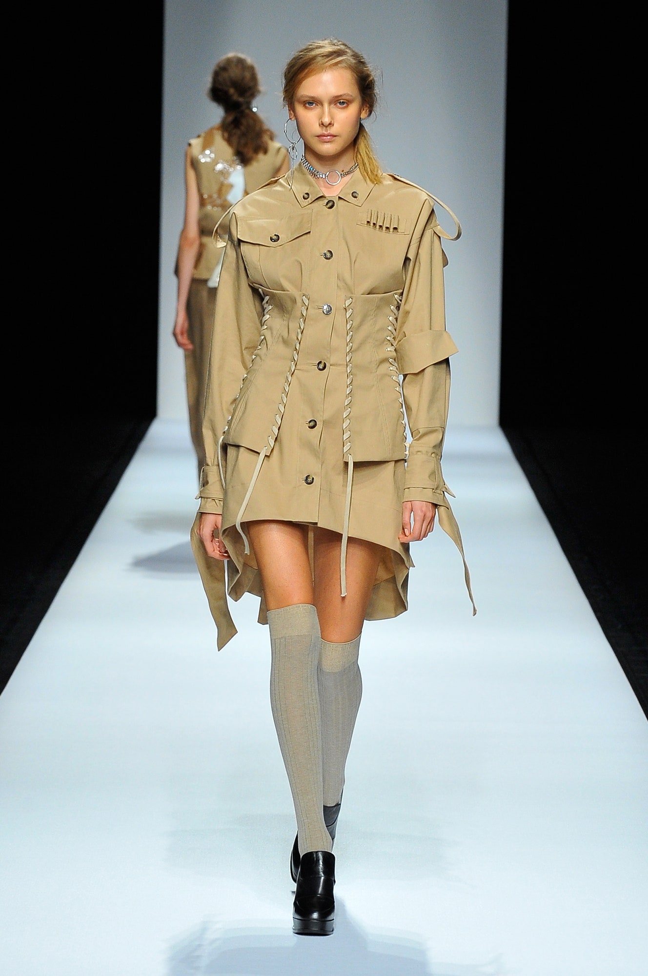 beige fitted long-sleeve dress