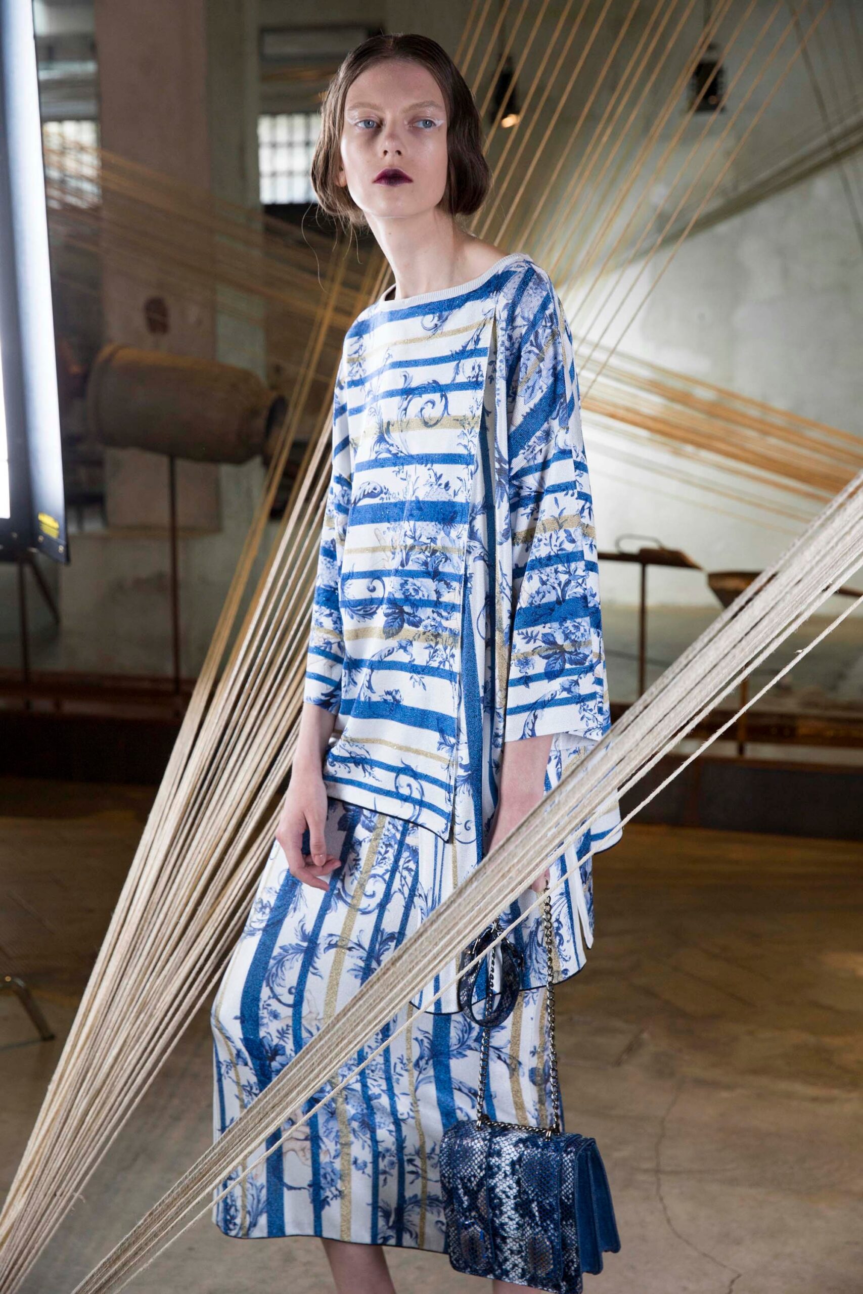 blue and white printed midi dress