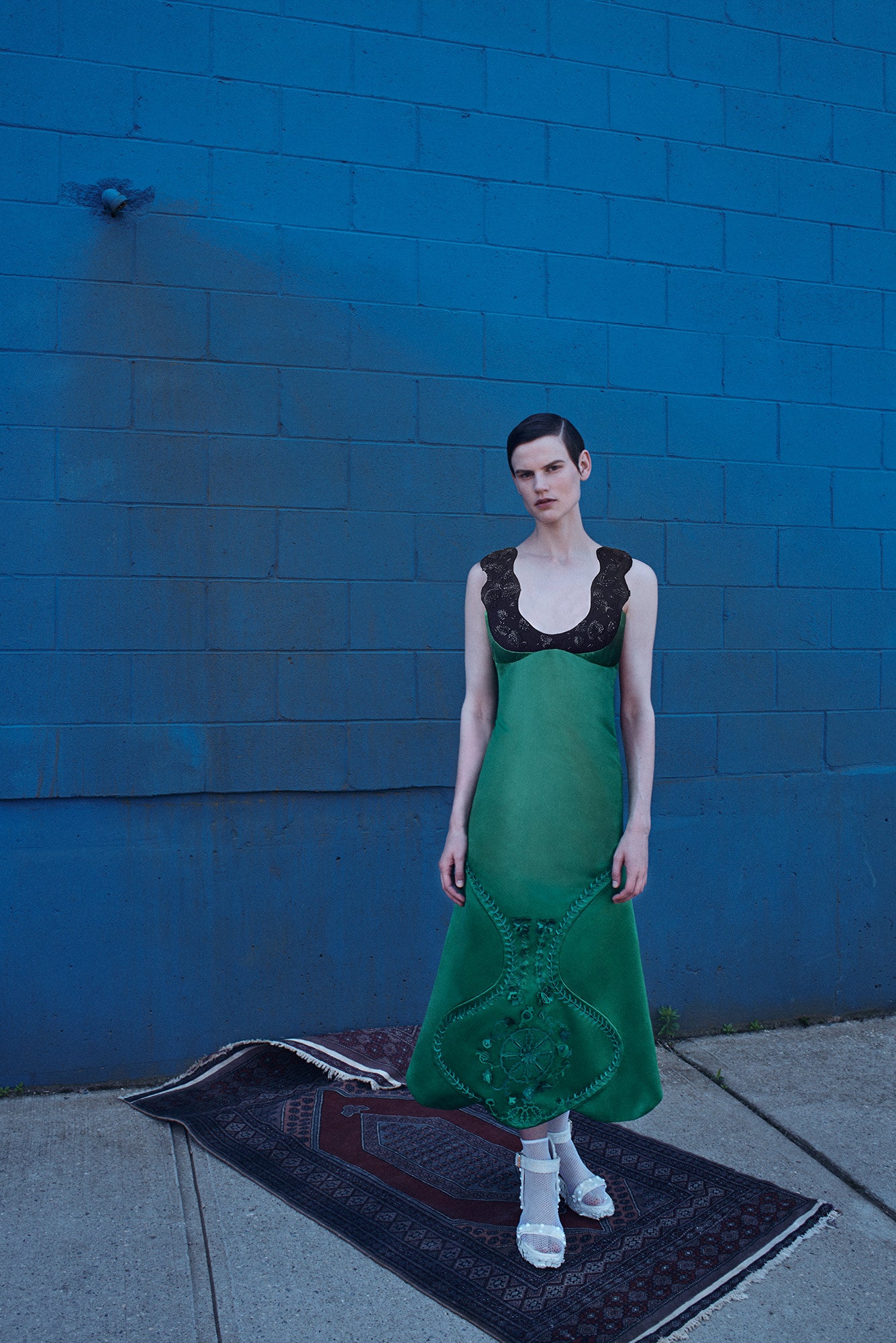 fitted green silk dress
