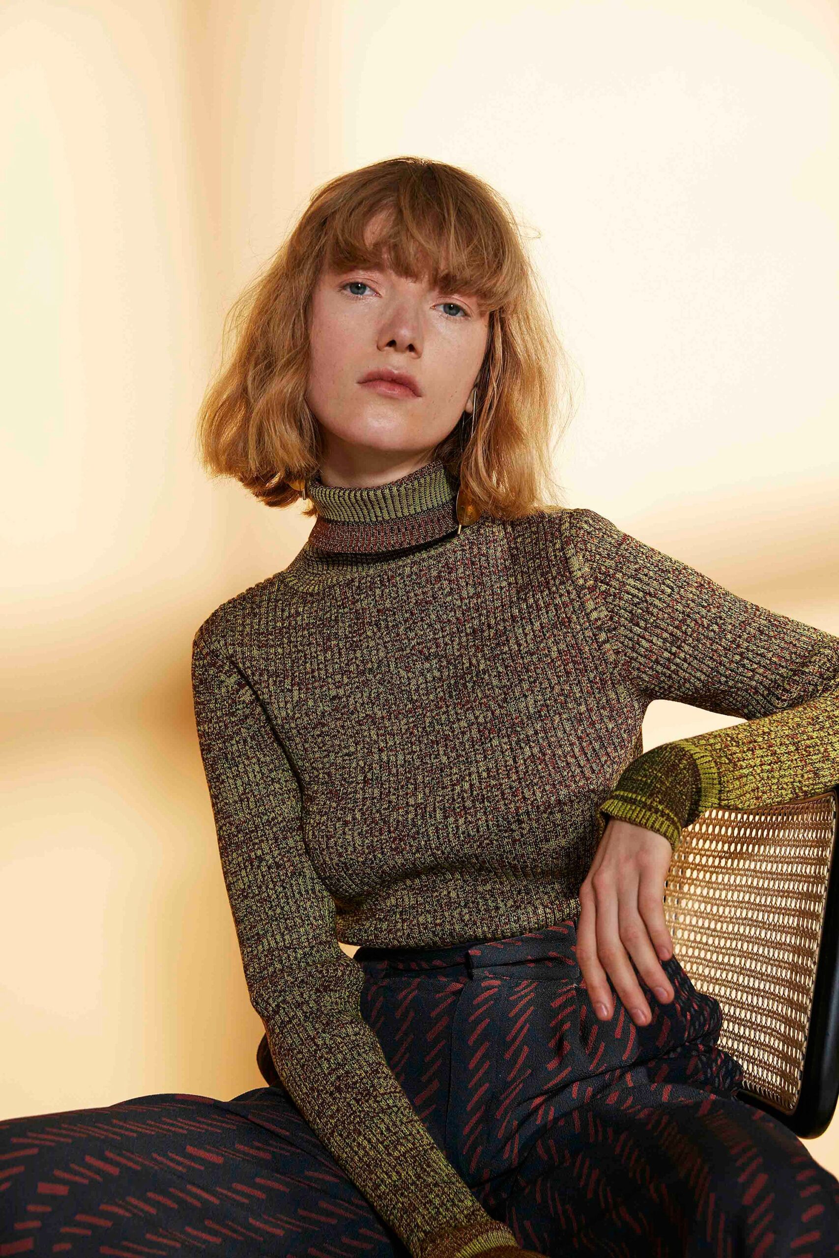 green cotton long-sleeve turtleneck fitted ribbed top