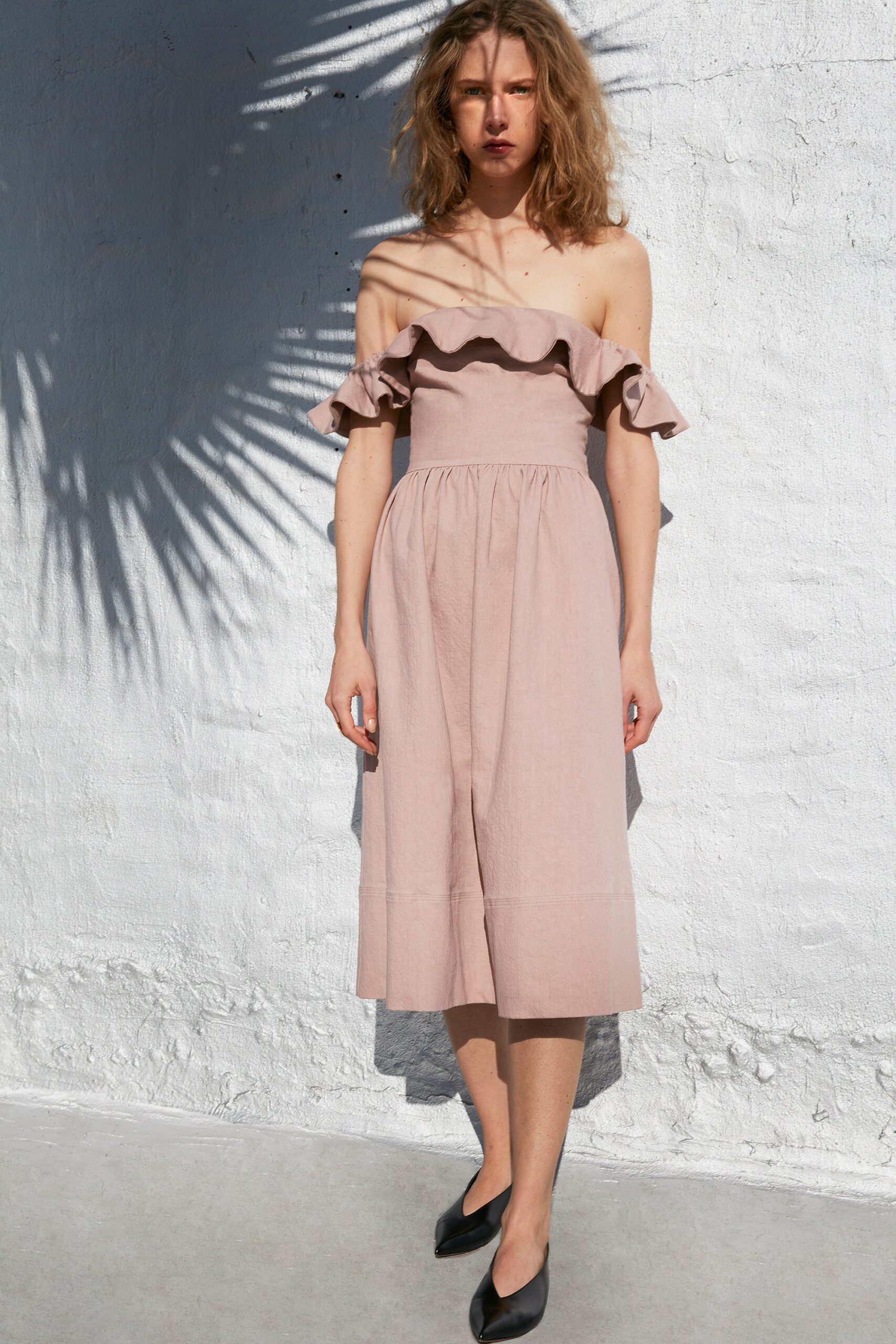 pink cotton off-shoulder dress
