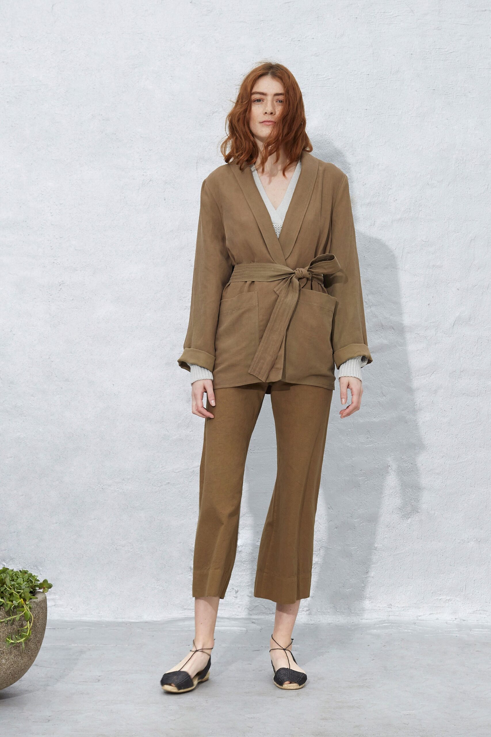 brown relaxed blazer with tailored pants