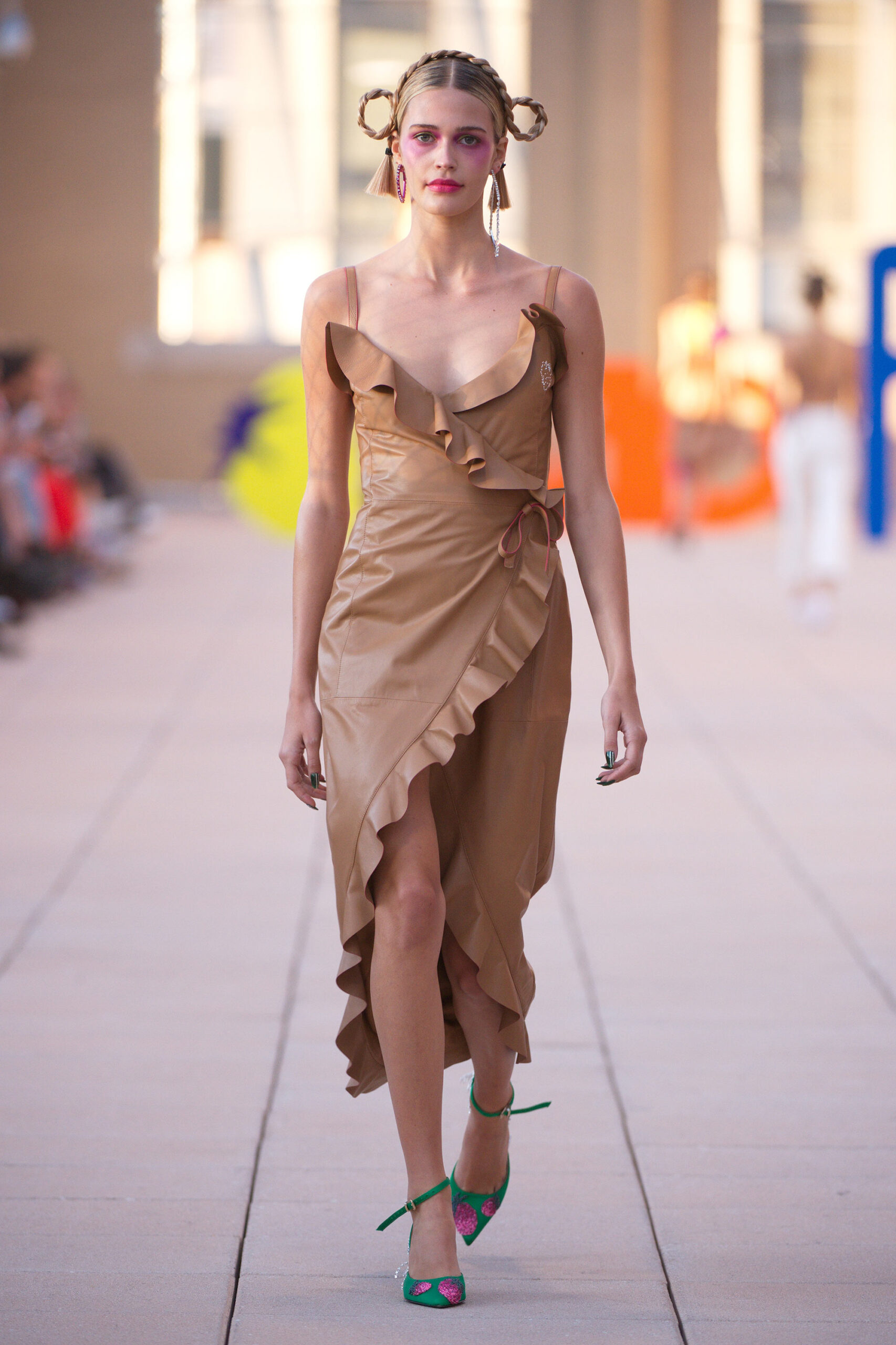 brown leather sleeveless dress