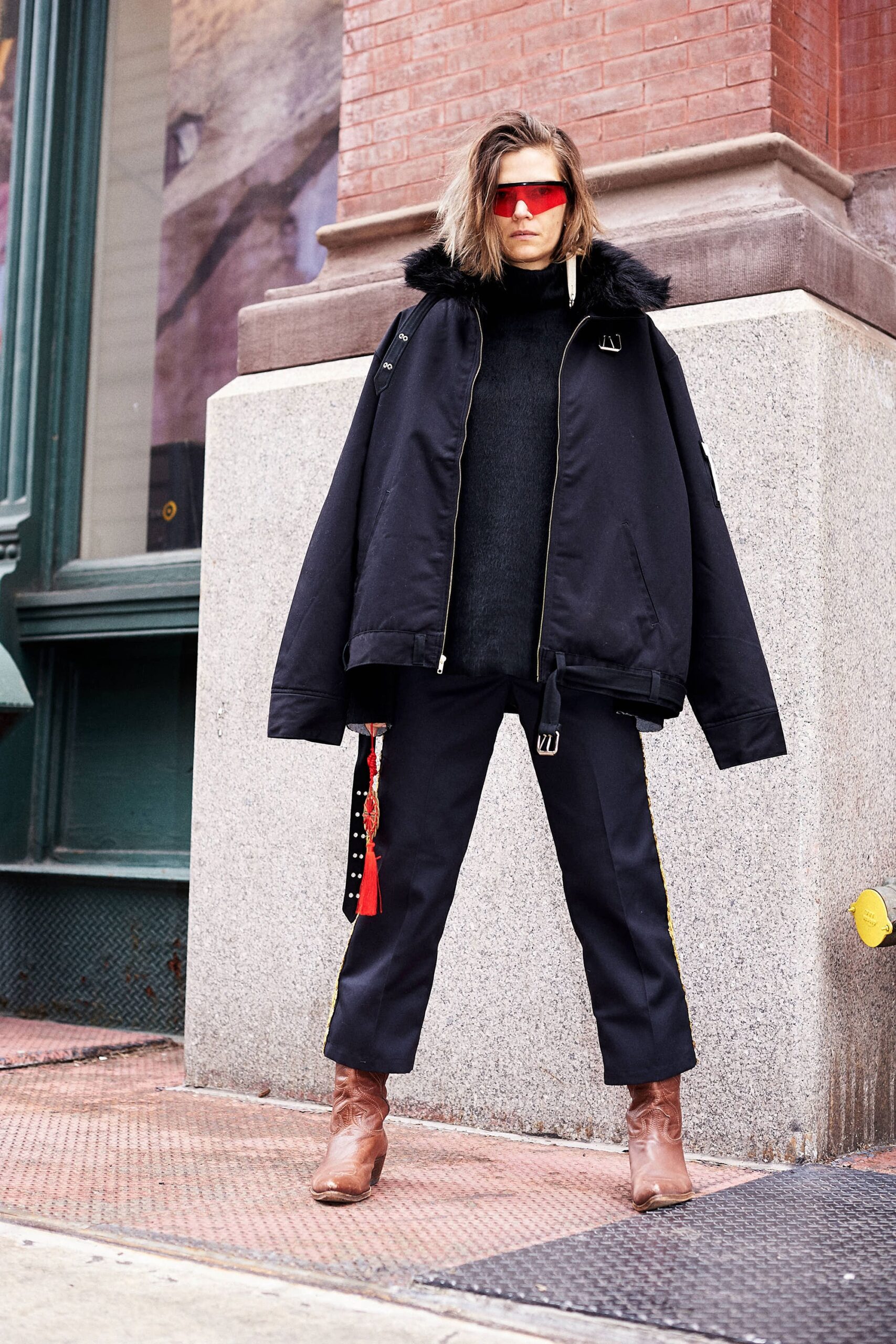 black faux-fur long-sleeve collared oversized zippered jacket