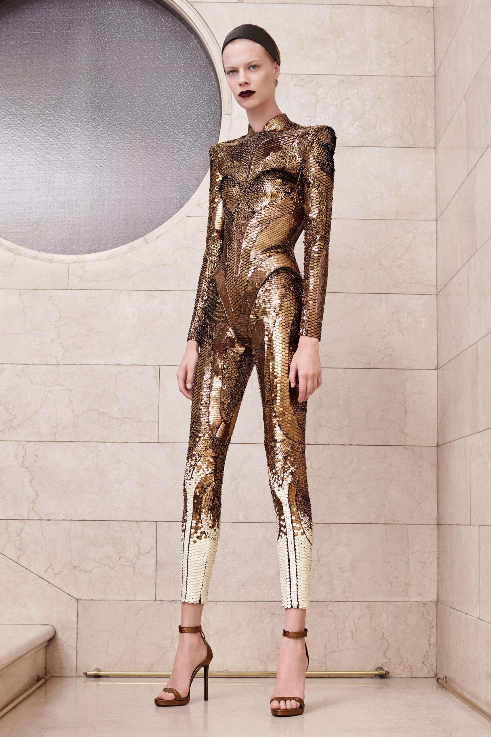 gold sequin fitted catsuit