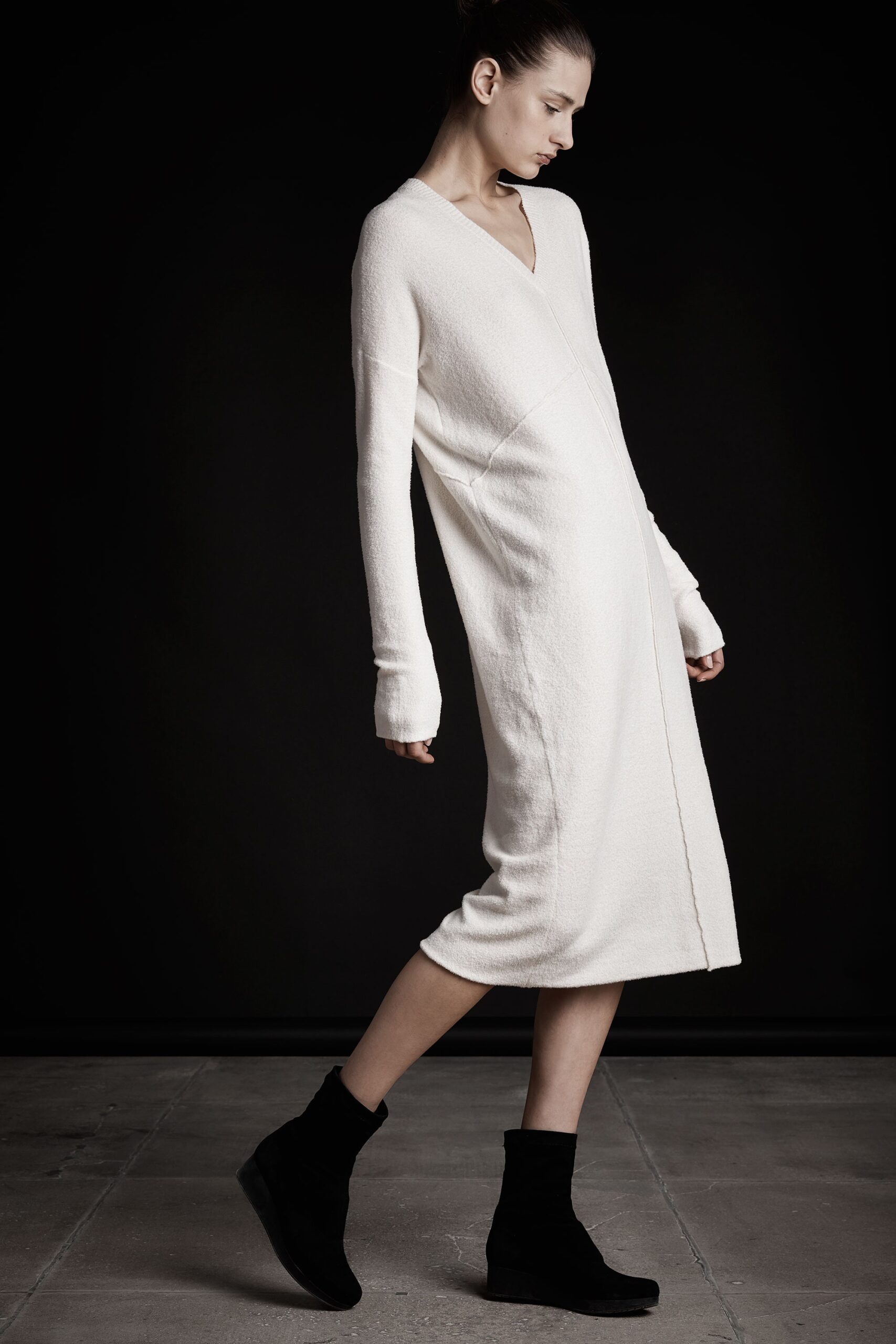 white wool long-sleeve v-neck relaxed draped midi dress
