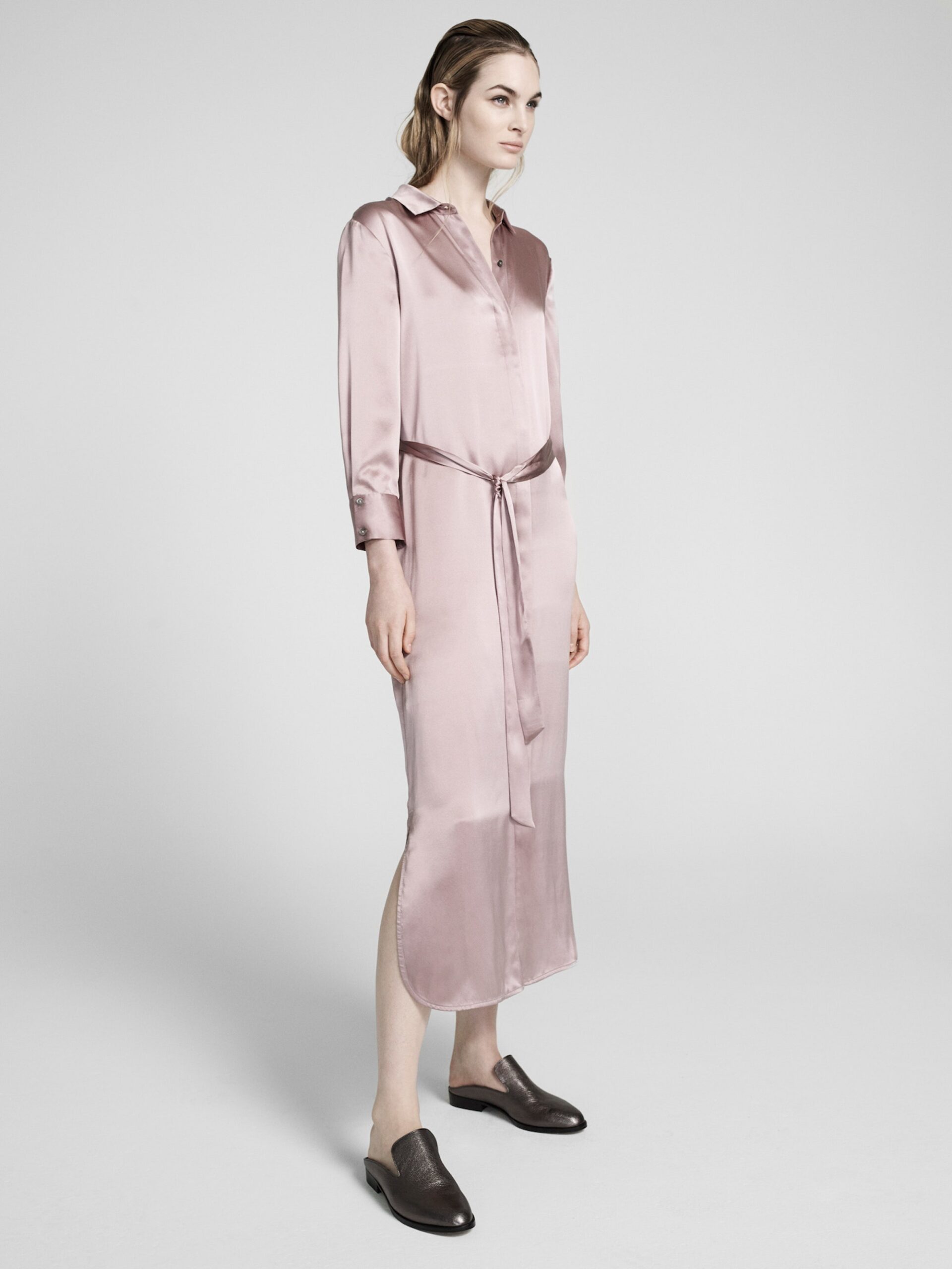 pink silk belted midi dress