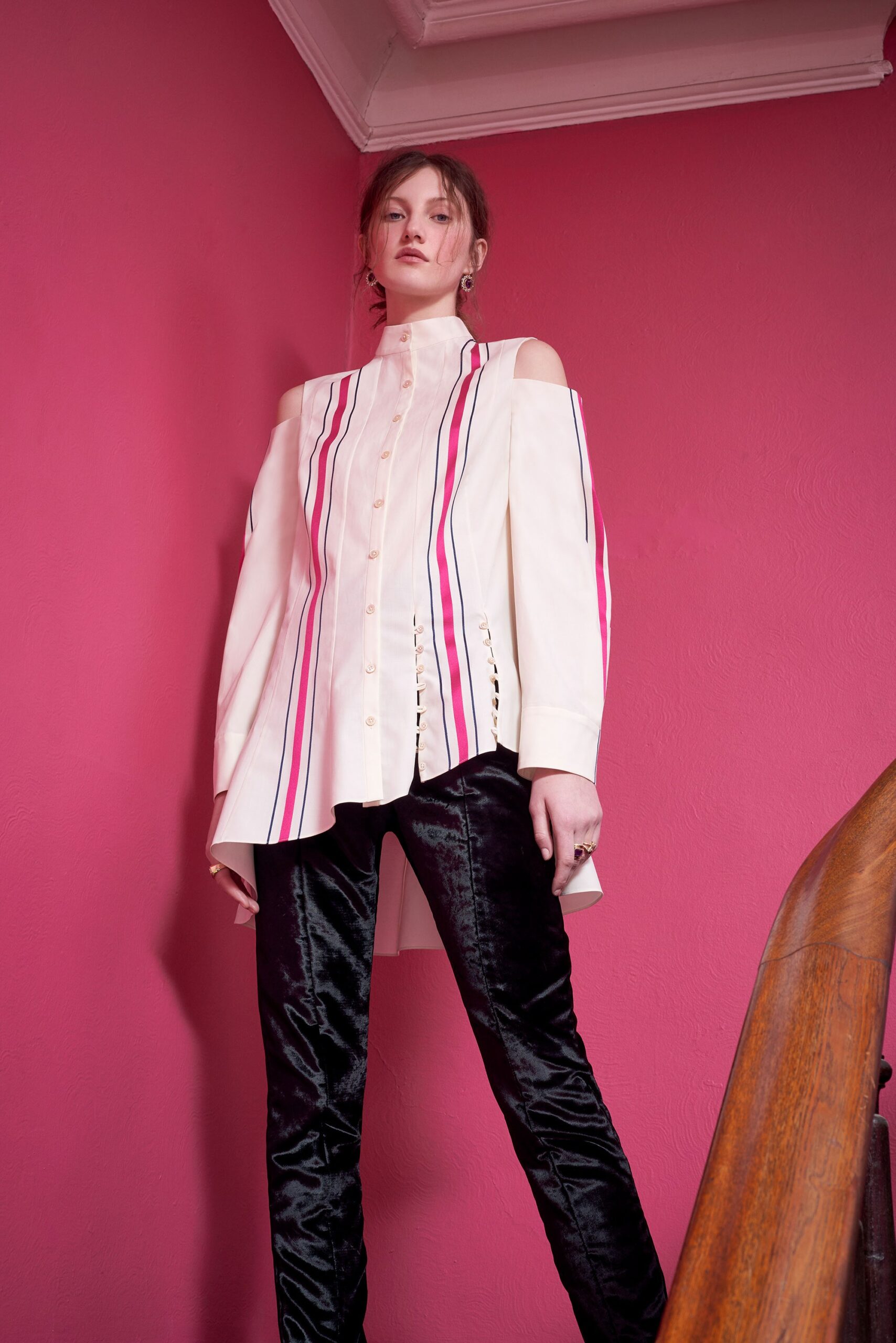 beige cotton long-sleeve collared relaxed striped buttoned shirt
