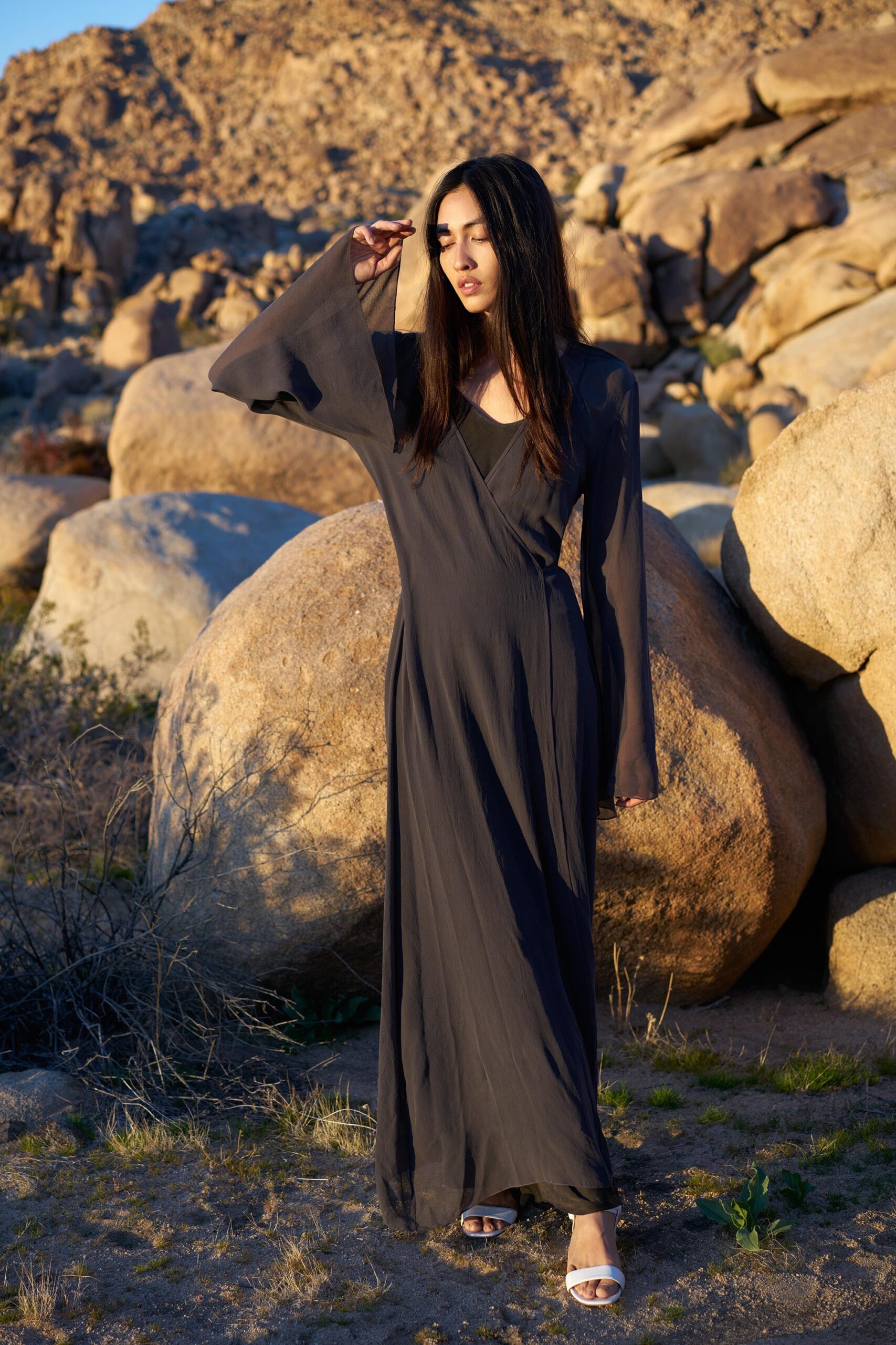 black silk long-sleeve wrap dress