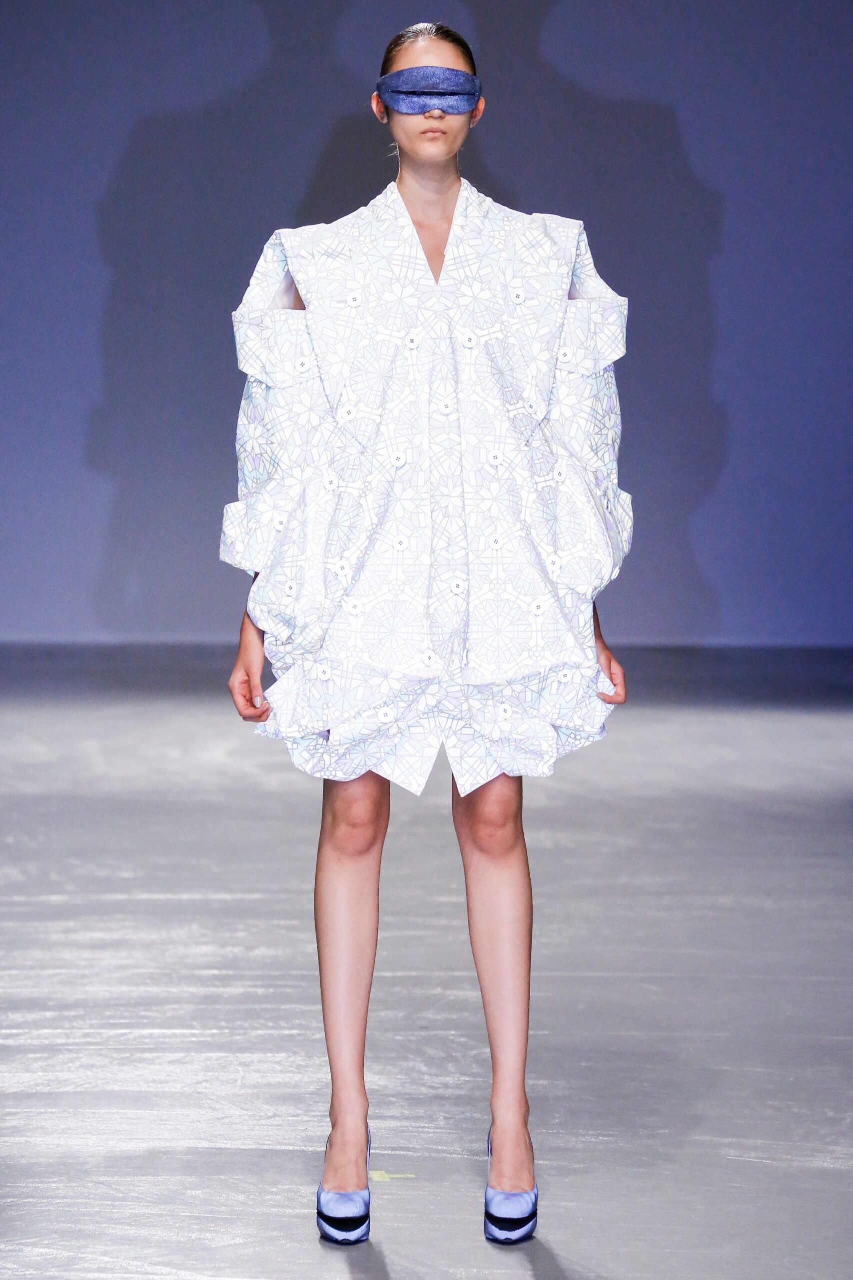 white and blue ruffled mini dress