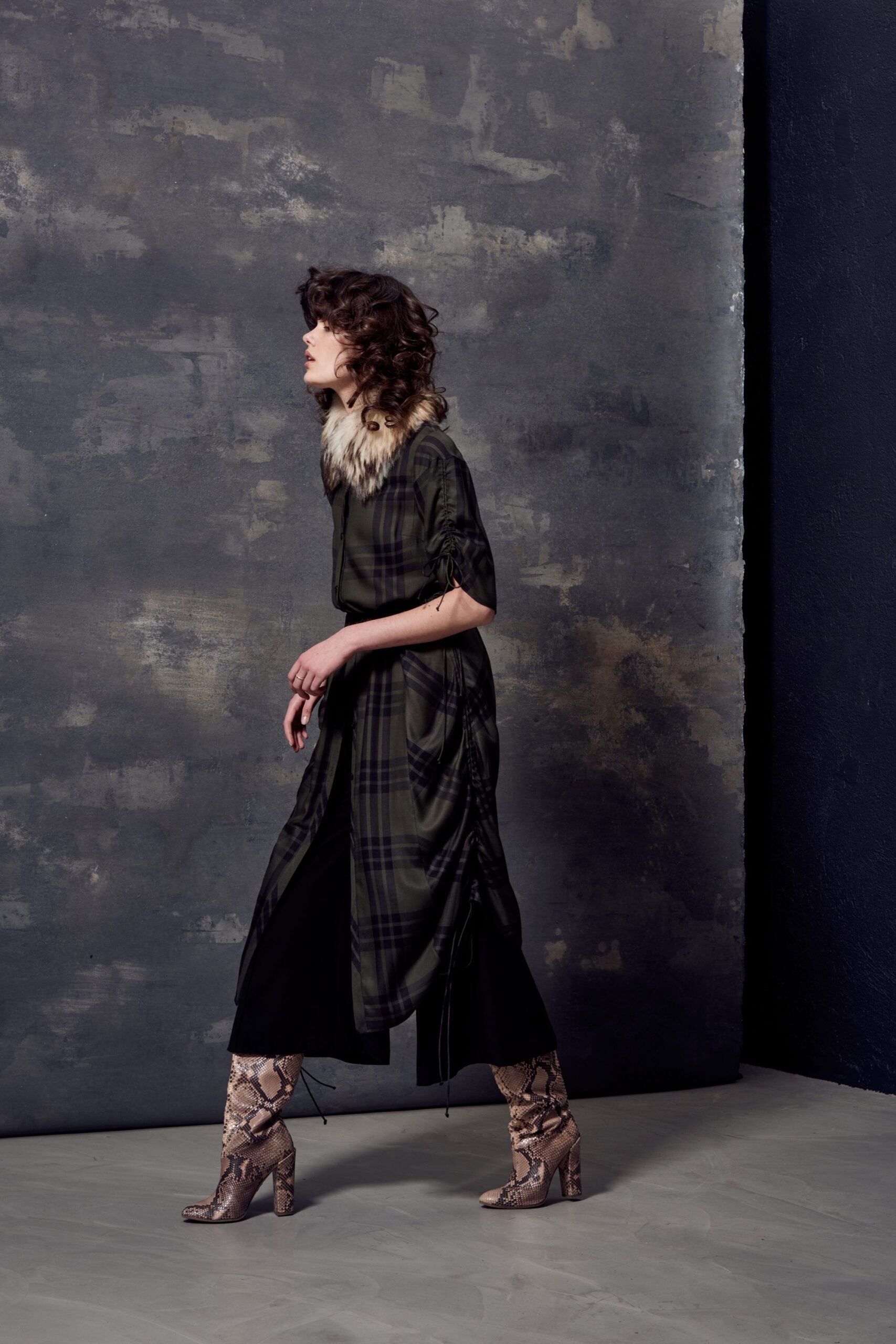 green checked midi dress with snakeskin boots