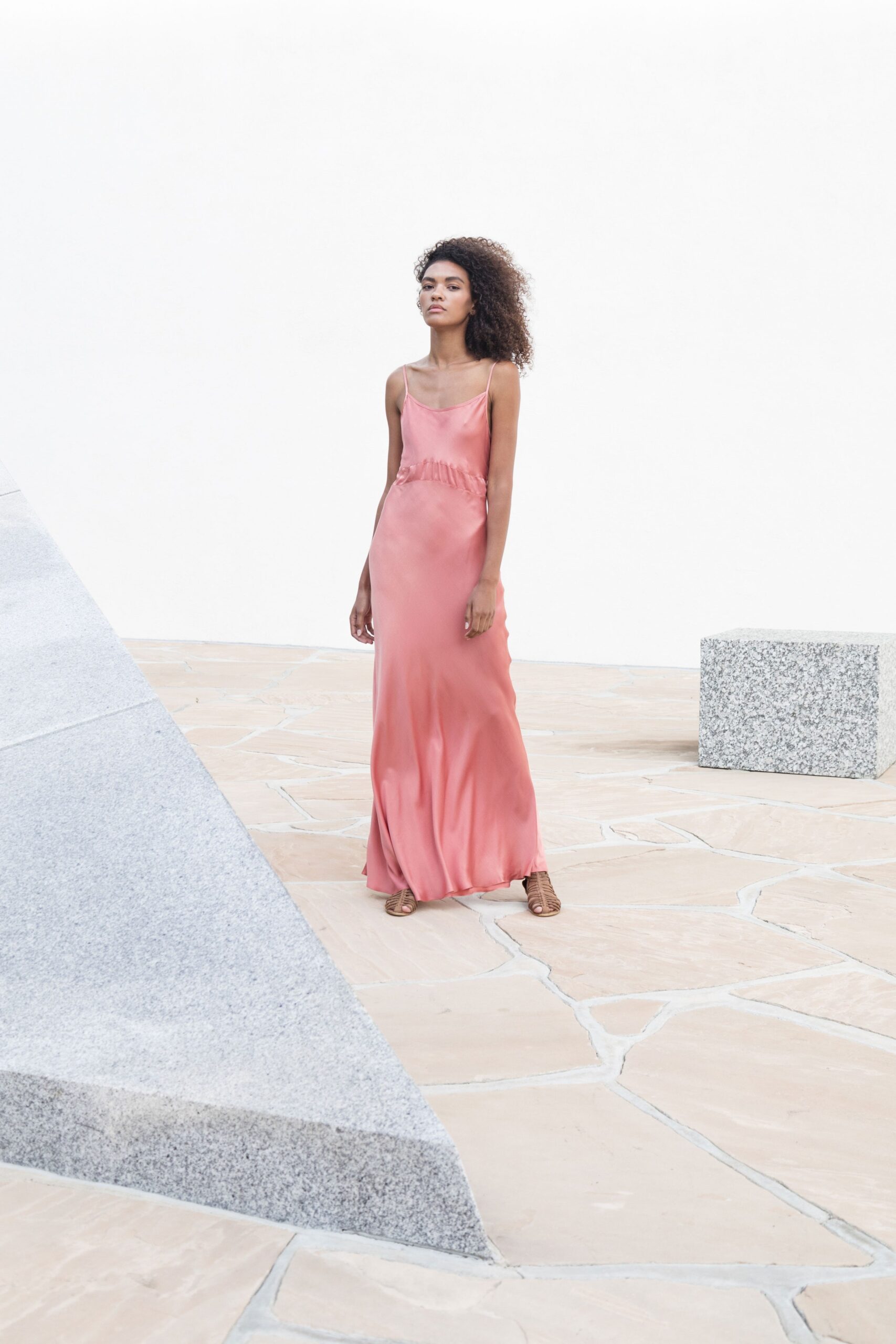 fitted pink silk maxi dress