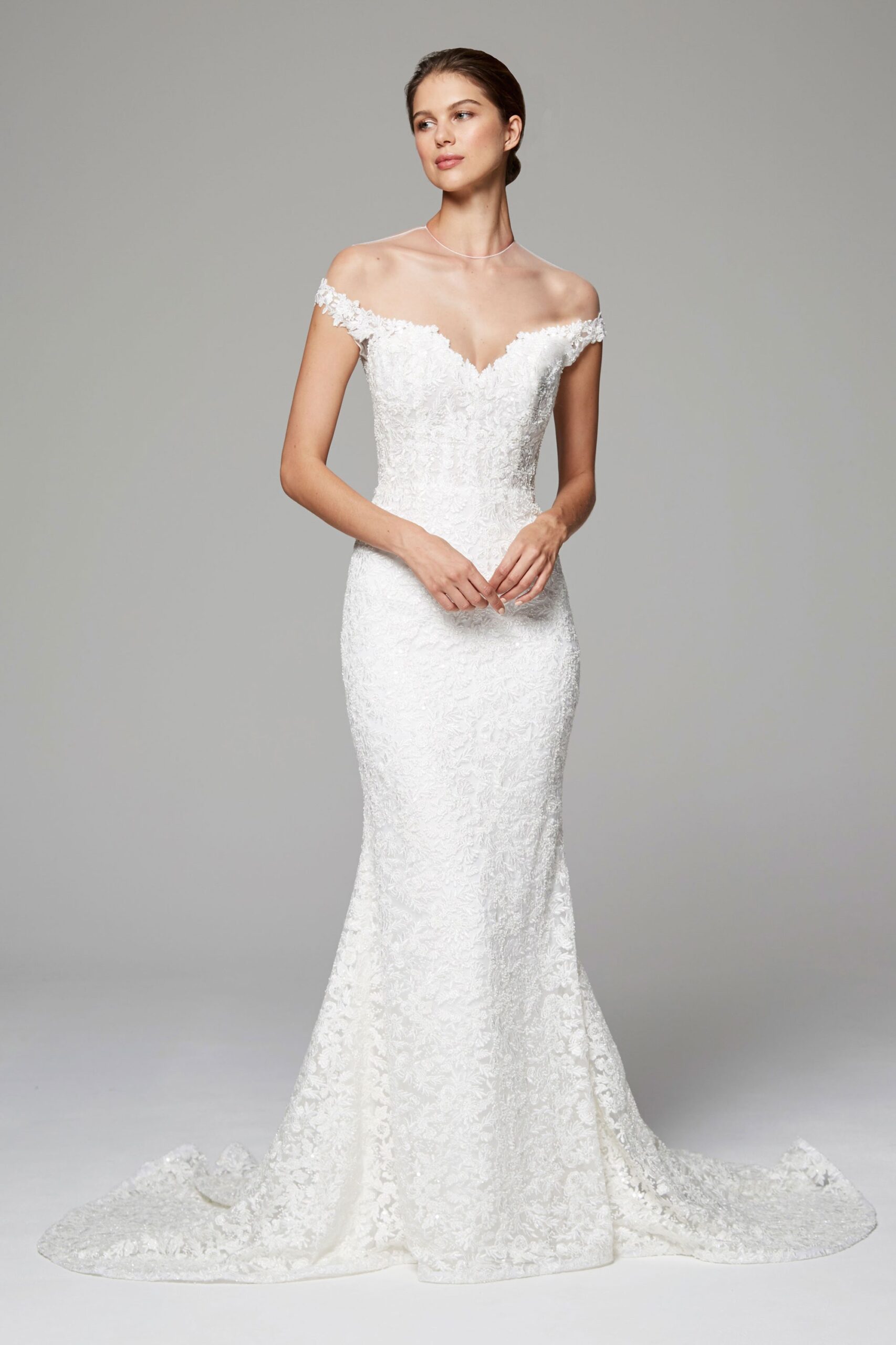 white lace off-shoulder gown