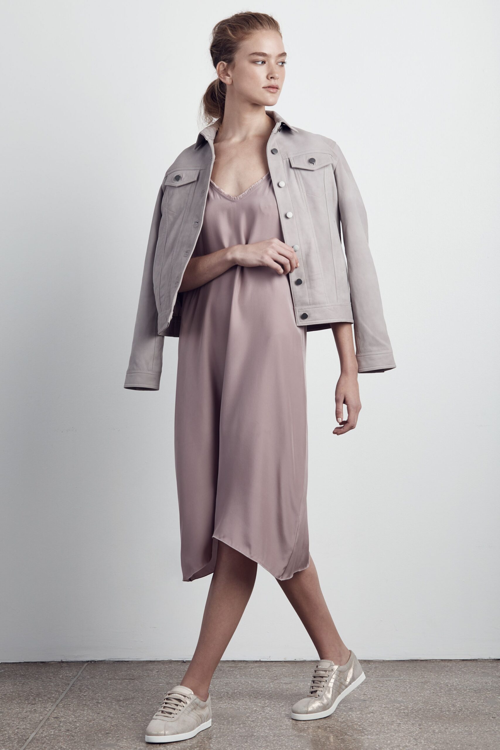 gray jacket pink midi dress
