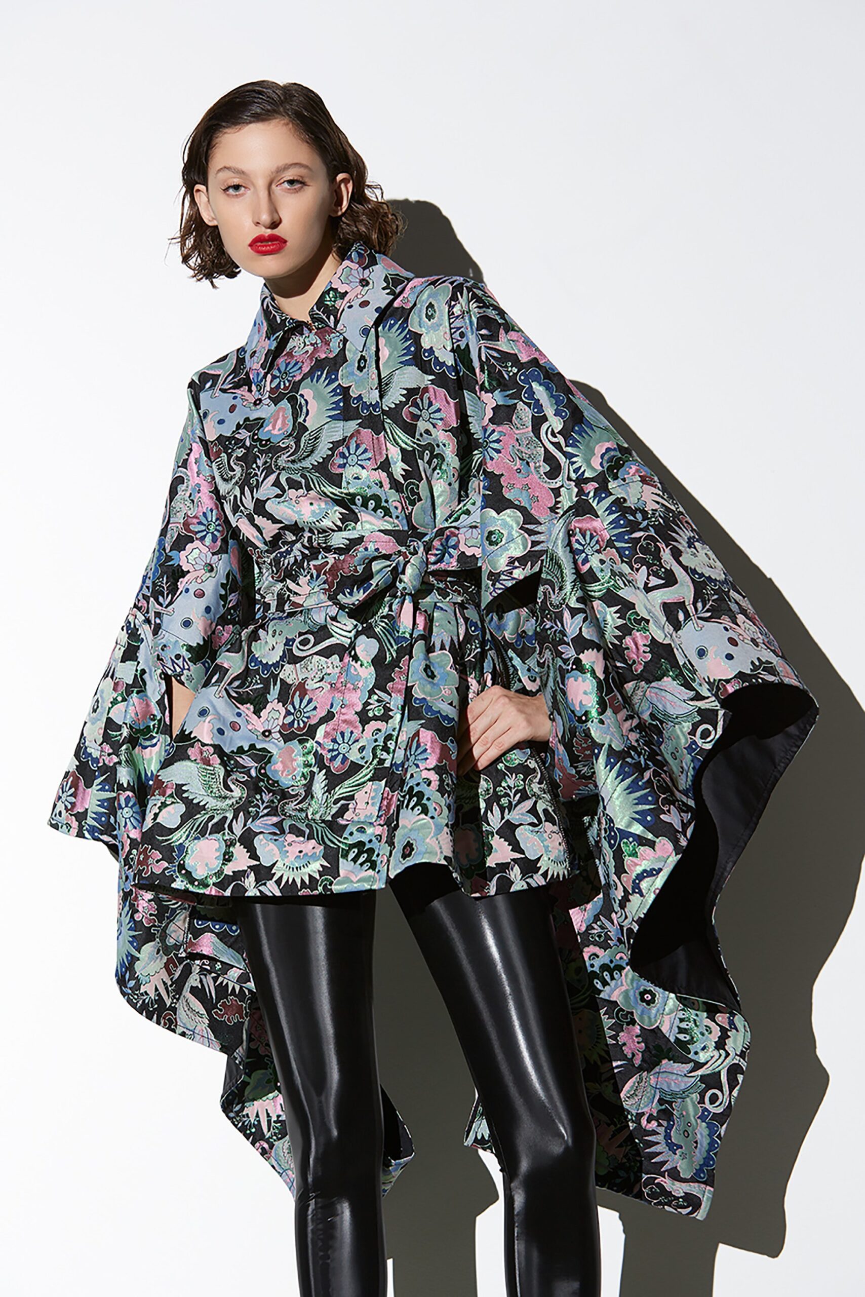 multi silk long-sleeve collared relaxed flared layered dress