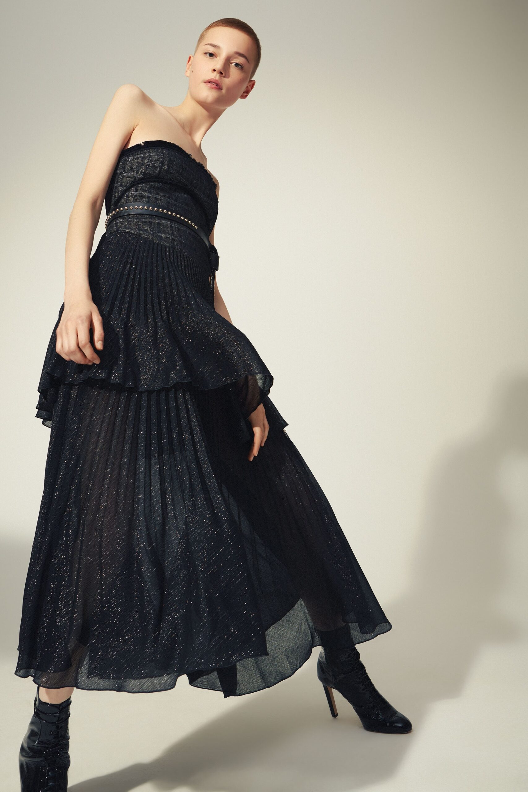 black silk strapless pleated dress
