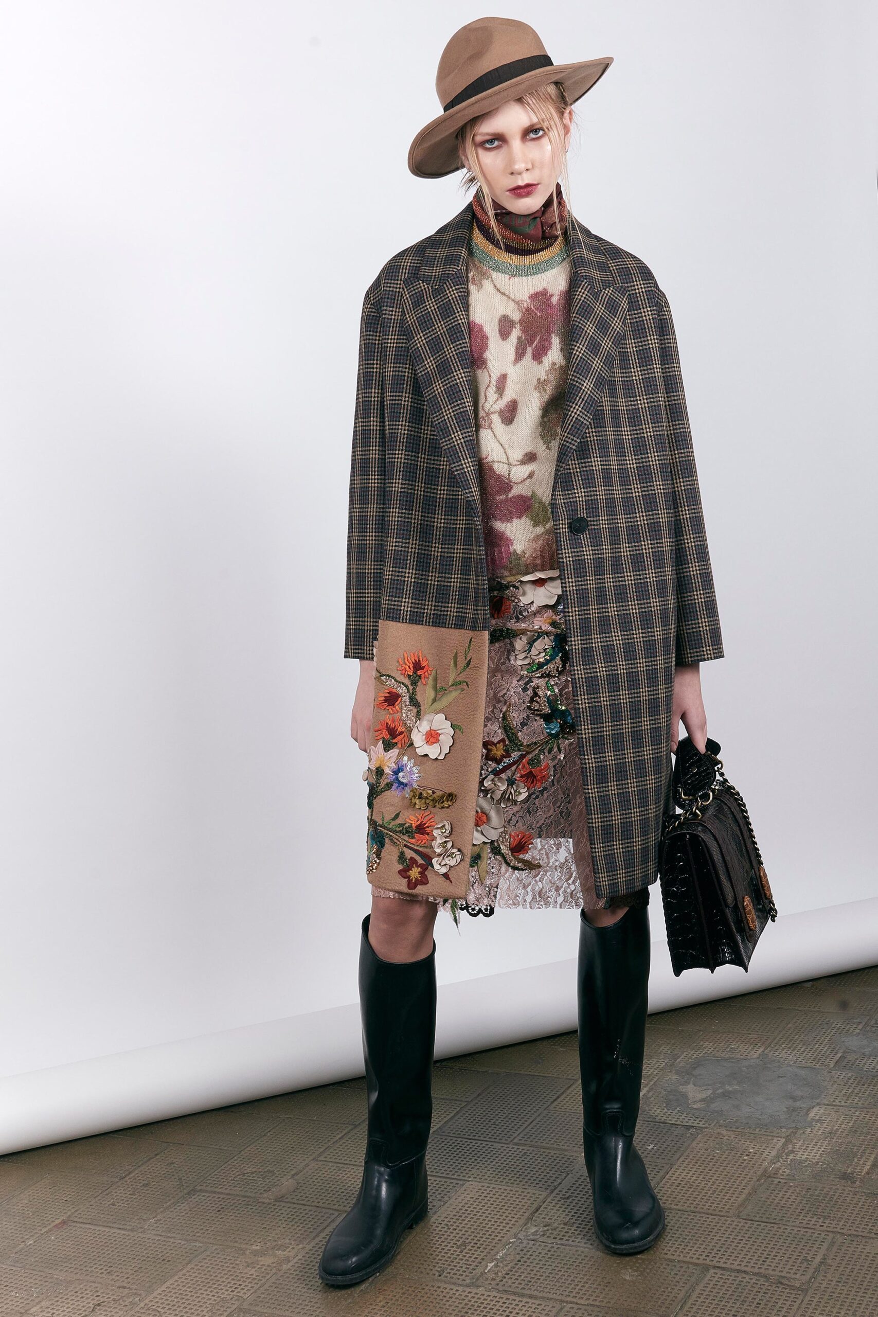 brown checked coat with floral skirt