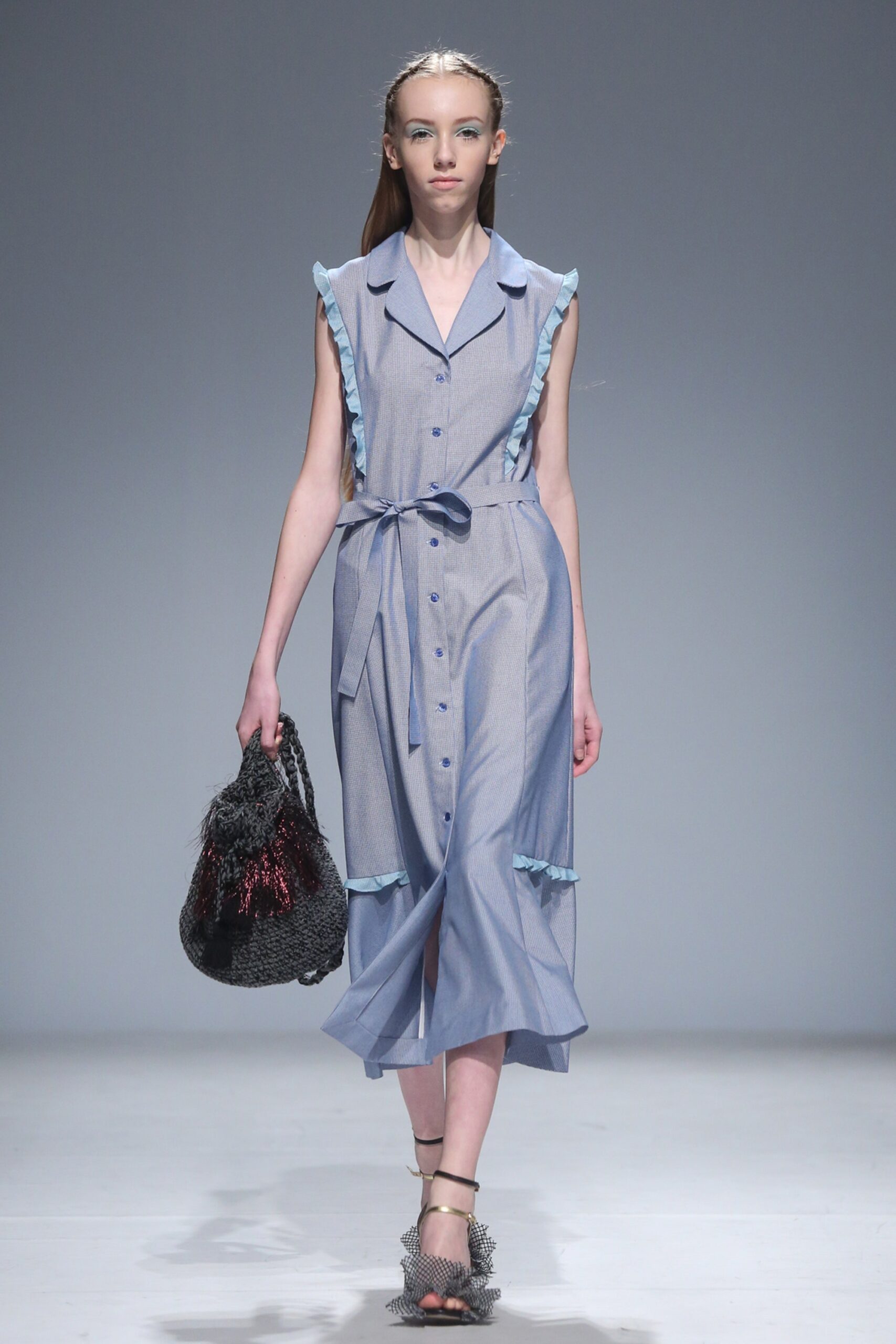 blue and white midi dress with ruffles