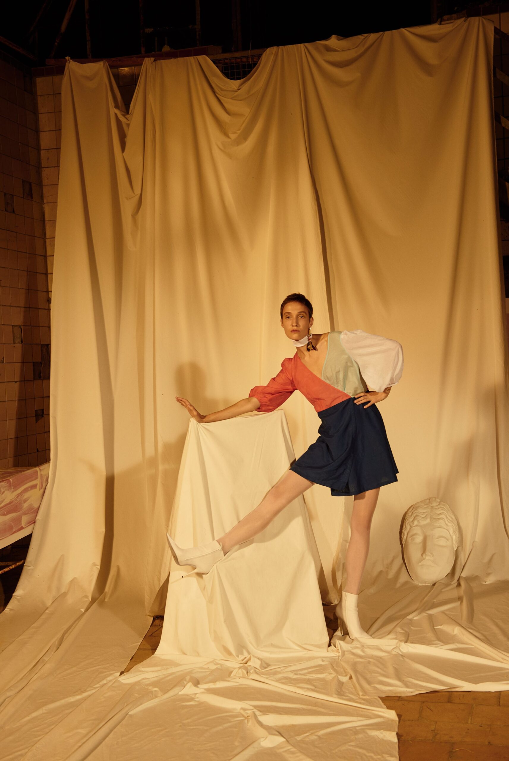 color-blocked top and mini skirt