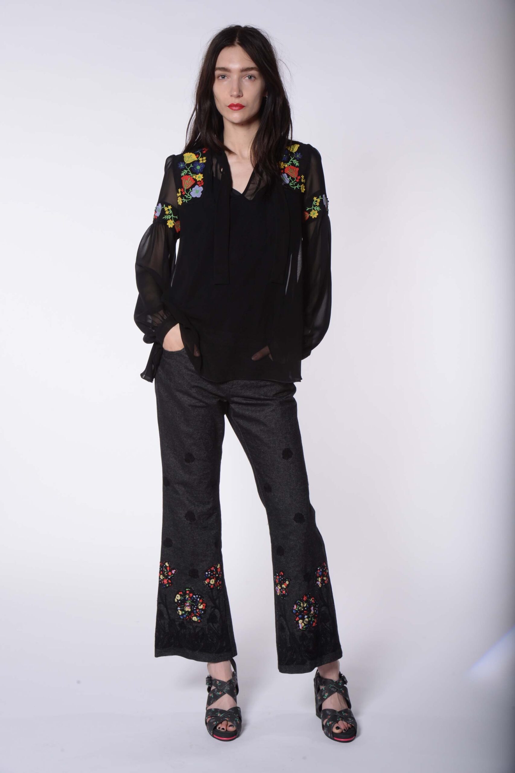 black silk long-sleeve v-neck relaxed embroidered sheer blouse