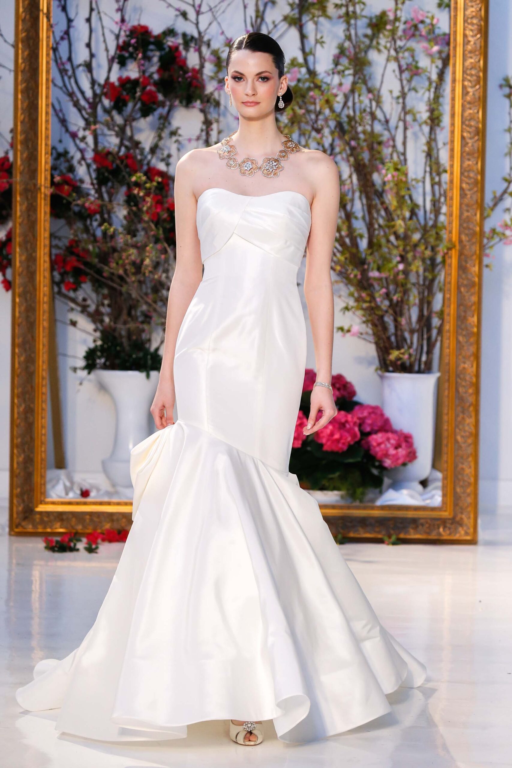 white silk strapless gown