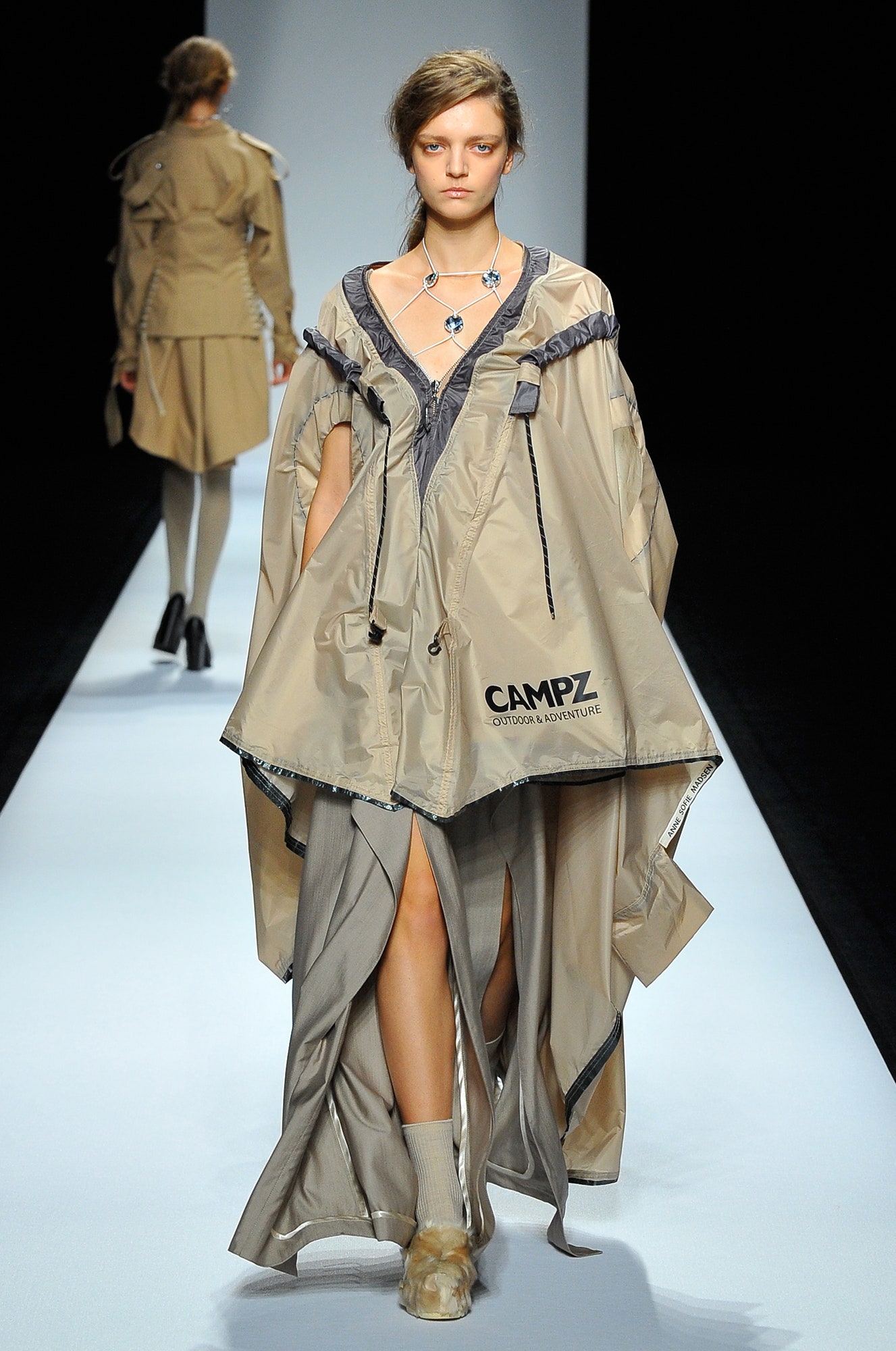 beige cotton sleeveless collared relaxed draped maxi poncho