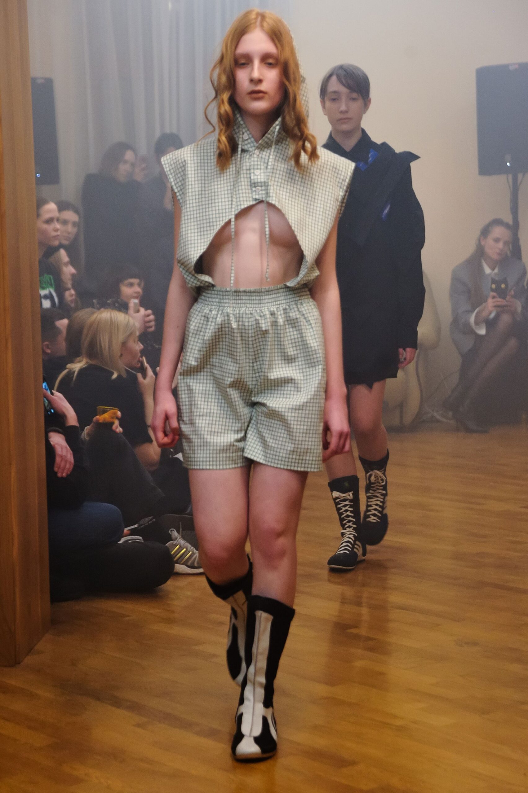 green and white checked romper