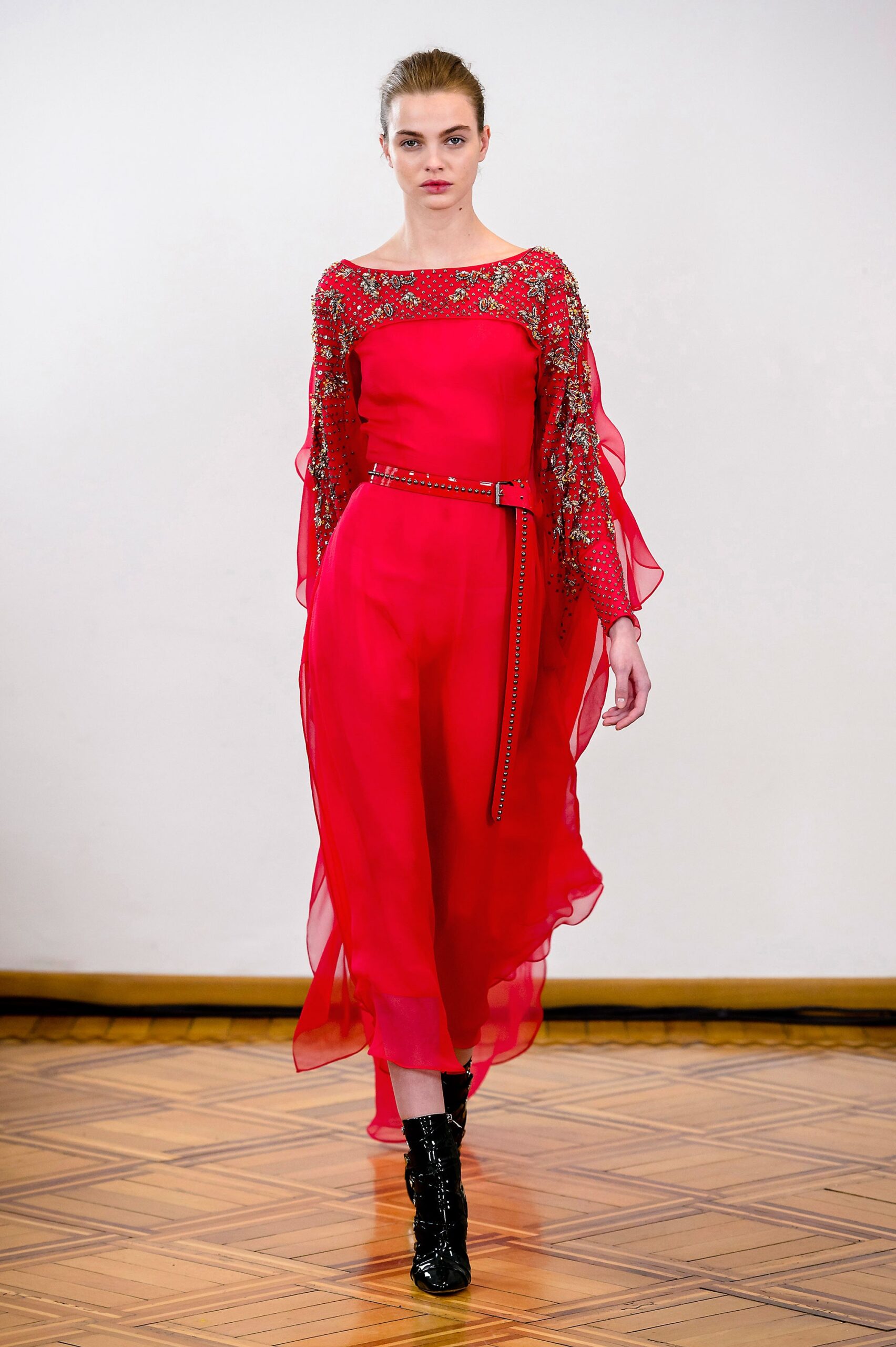 red embroidered midi dress