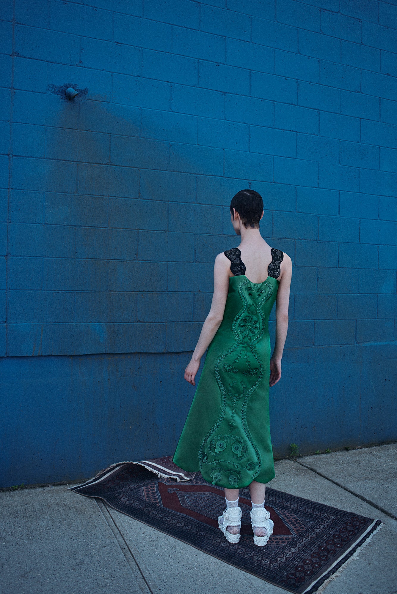 fitted green silk dress