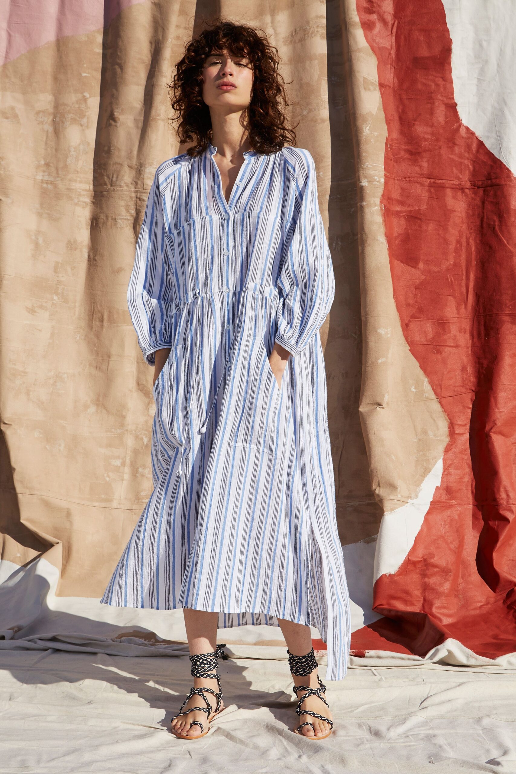 blue and white striped midi dress