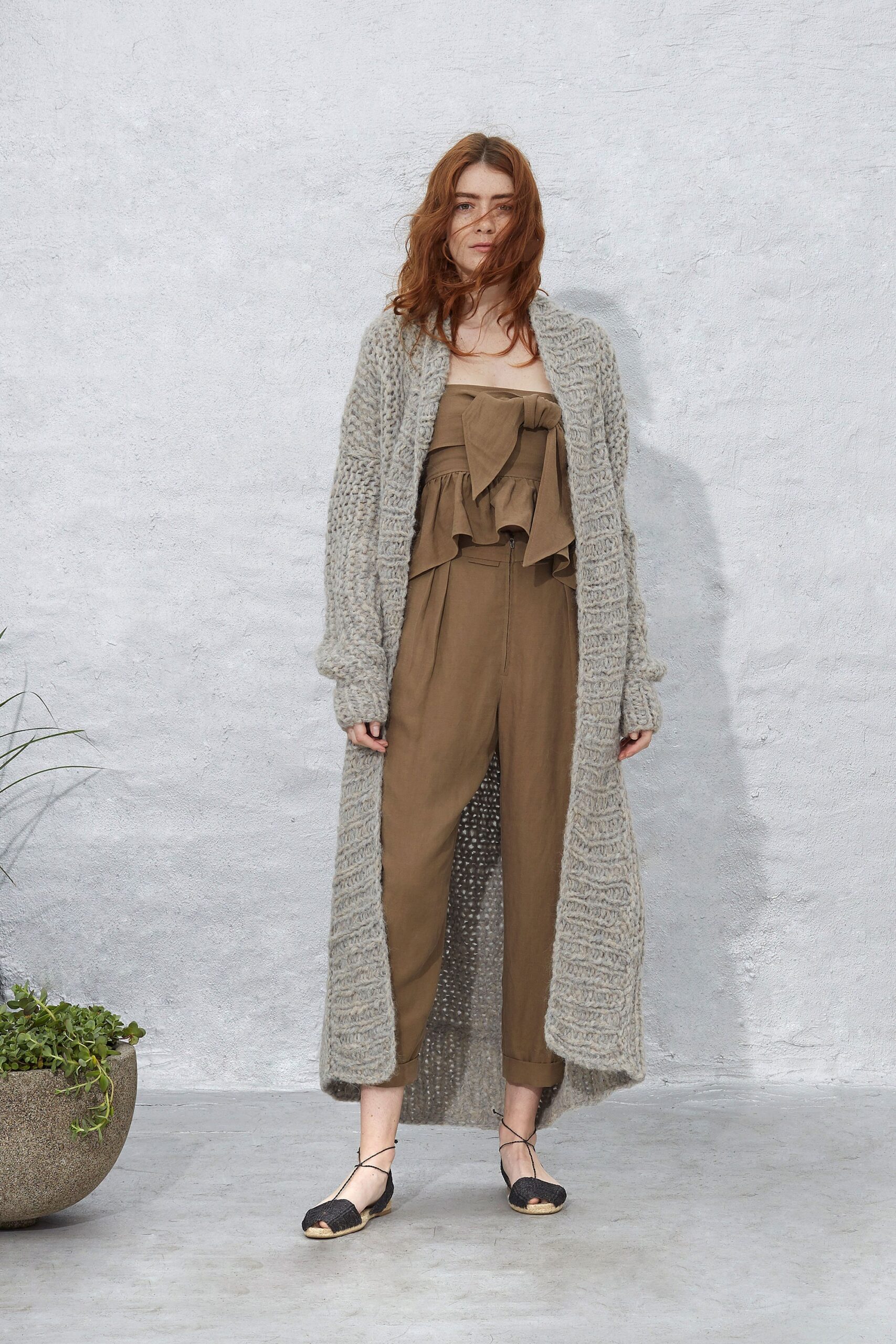 gray wool long-sleeve relaxed maxi cardigan