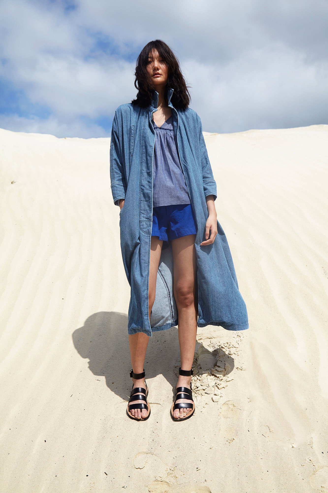 blue denim long-sleeve collared relaxed buttoned tiered dress