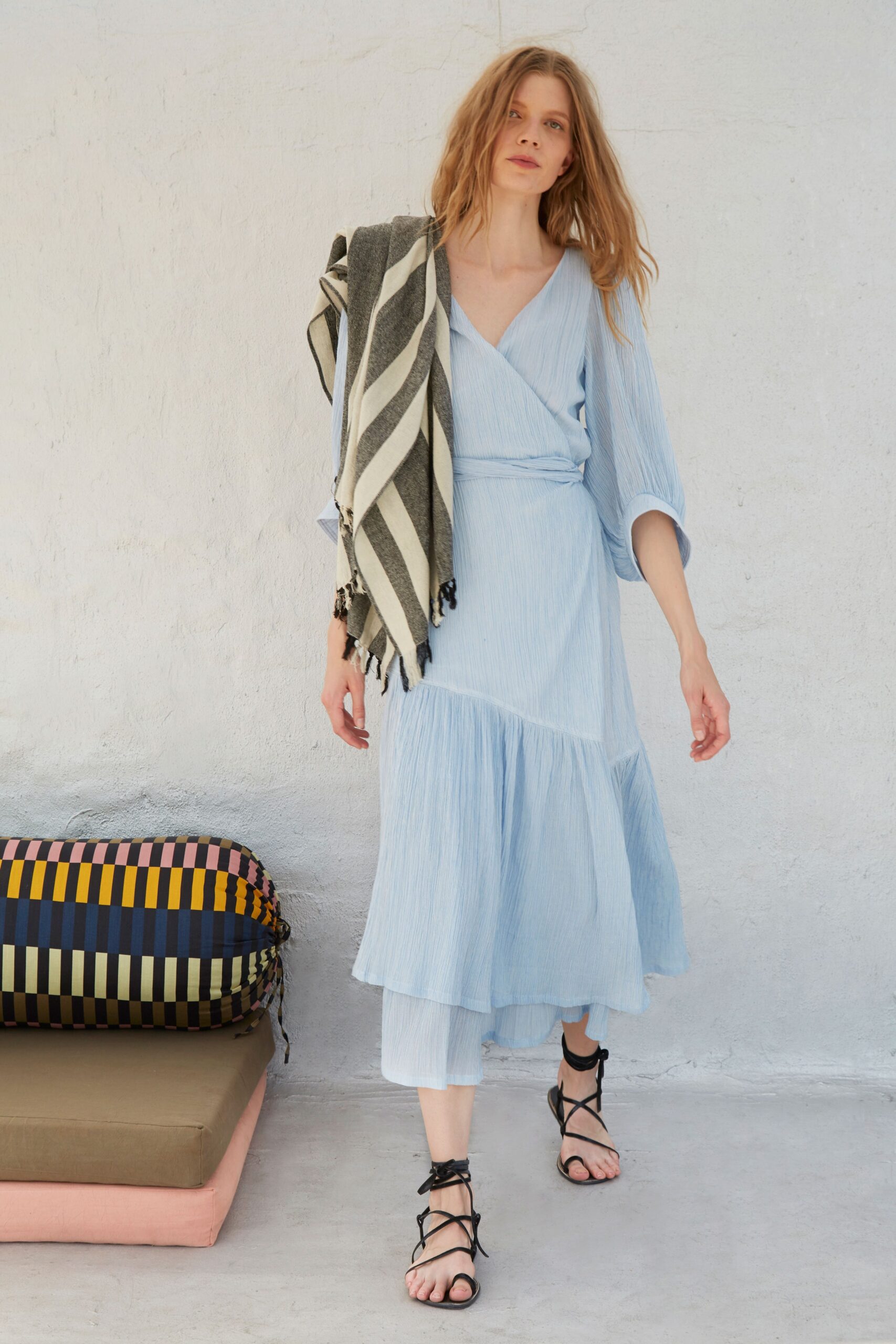 blue relaxed wrap dress with scarf