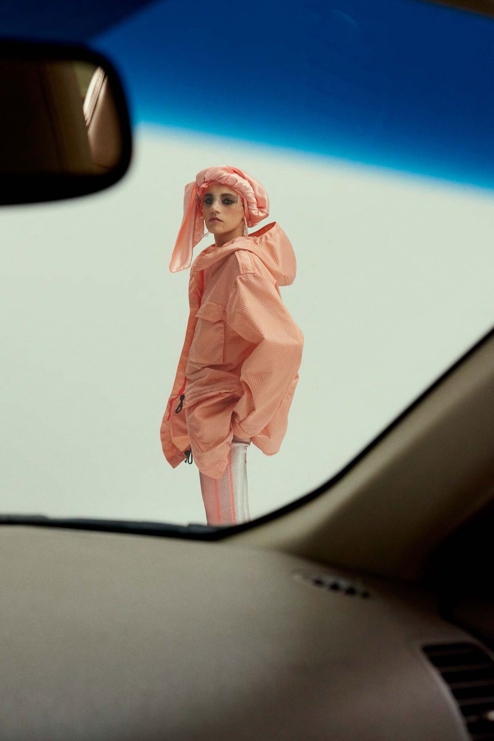 pink oversized jacket with white pants