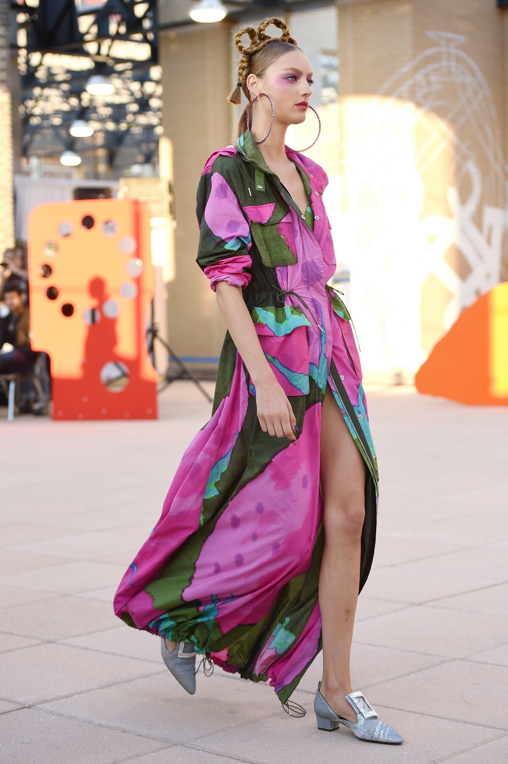 pink and green printed maxi dress