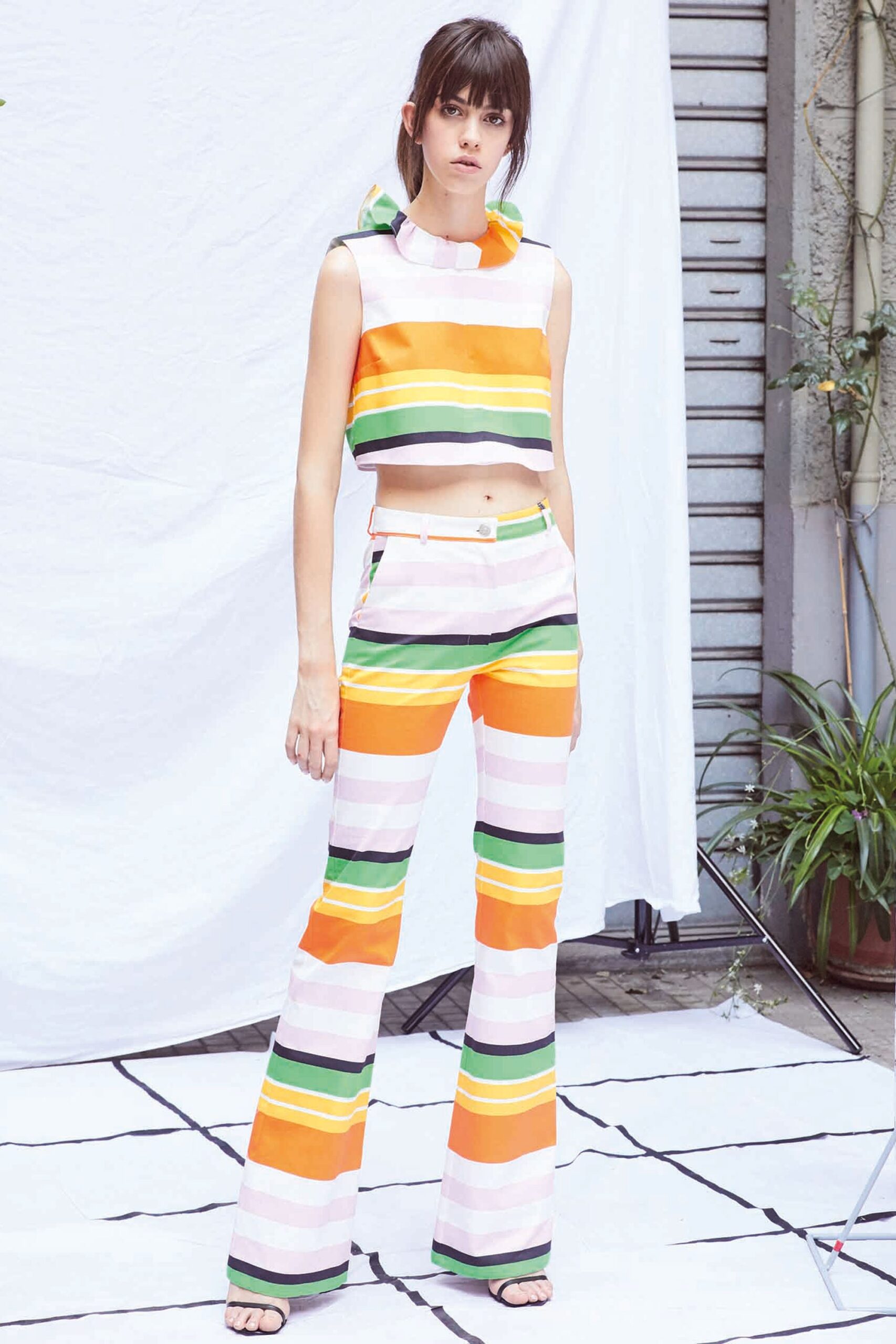 color-blocked crop-top and flared pants