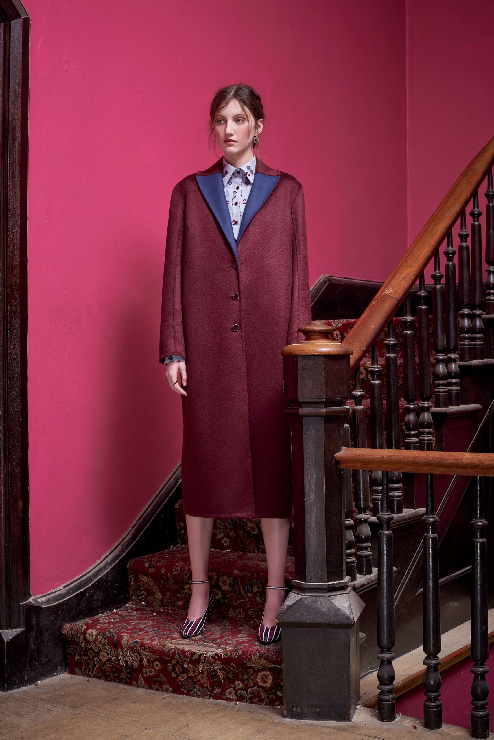 maroon wool coat with printed shirt