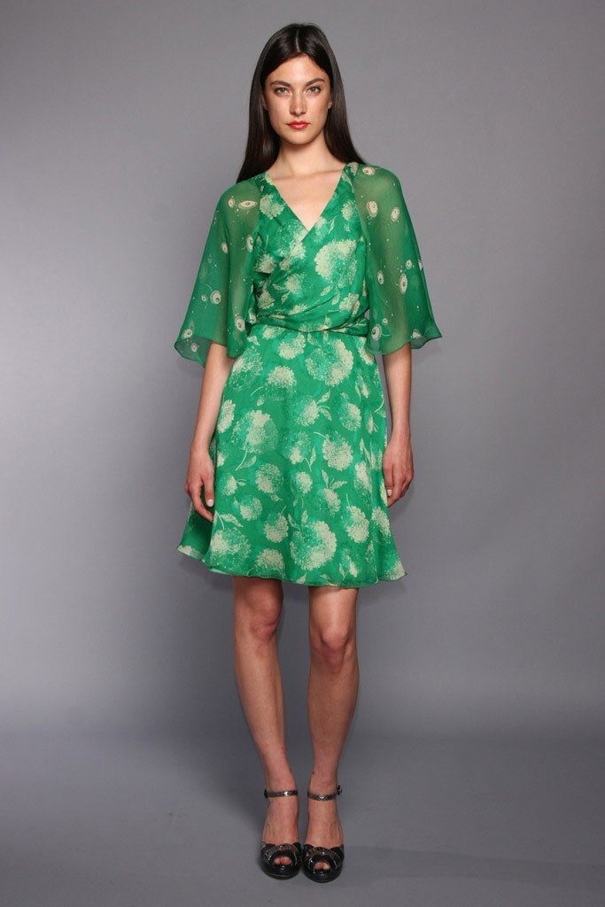 green floral mini dress with open-toe shoes