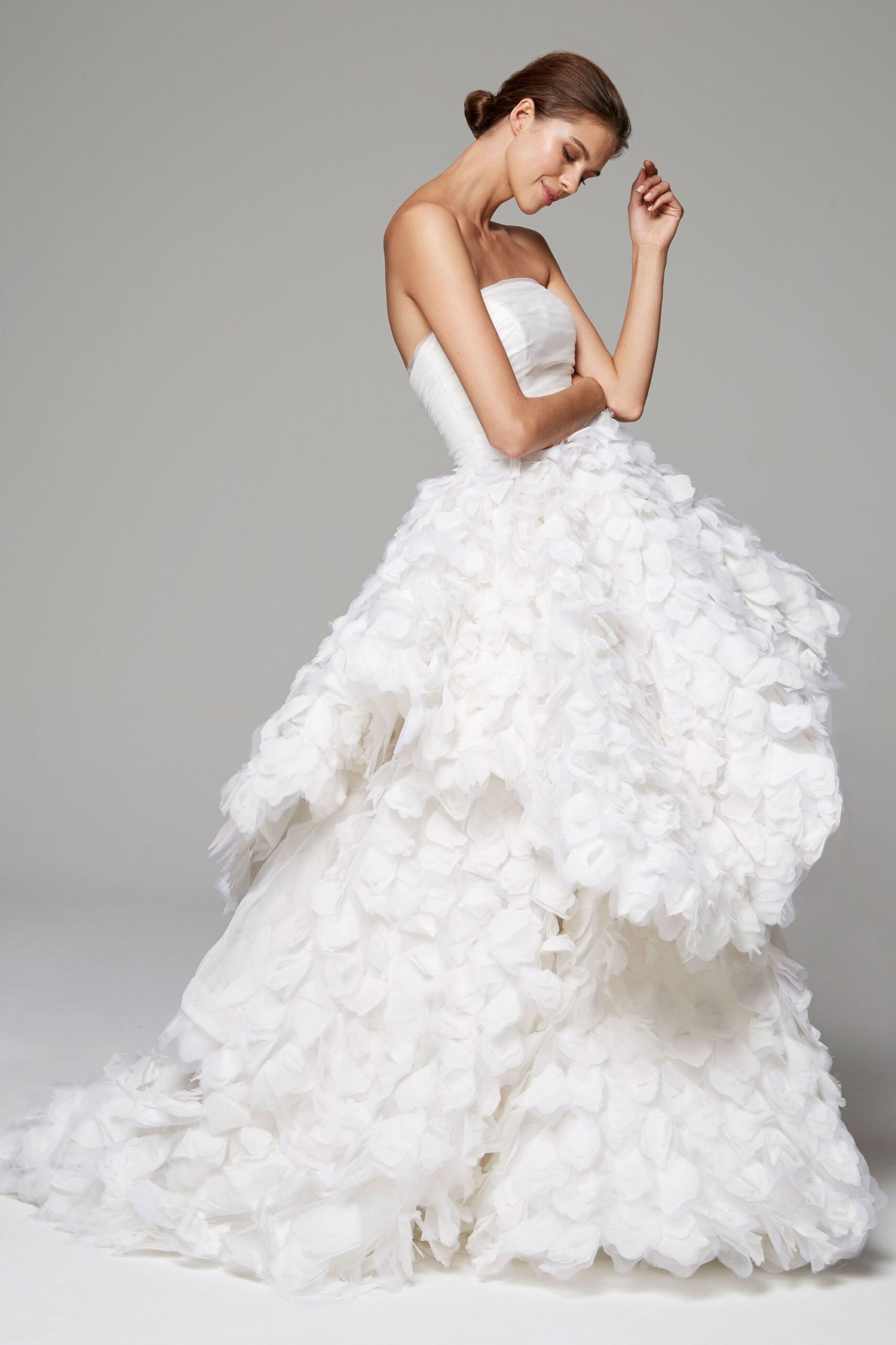 white silk strapless gown