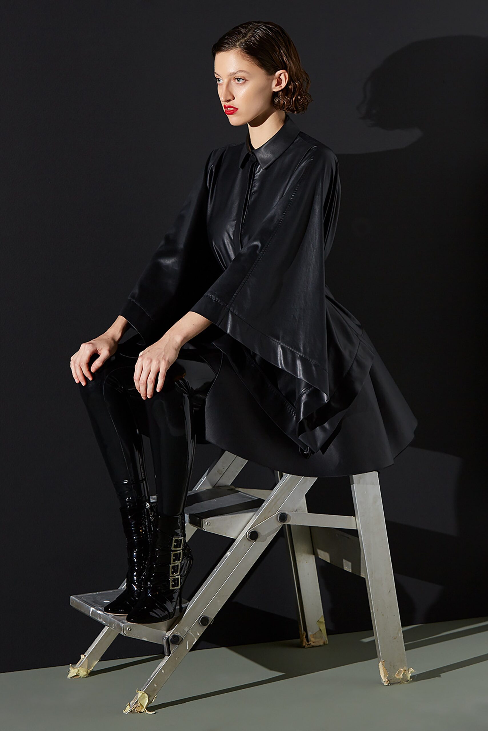 black silk long-sleeve collared fitted a-line shiny dress