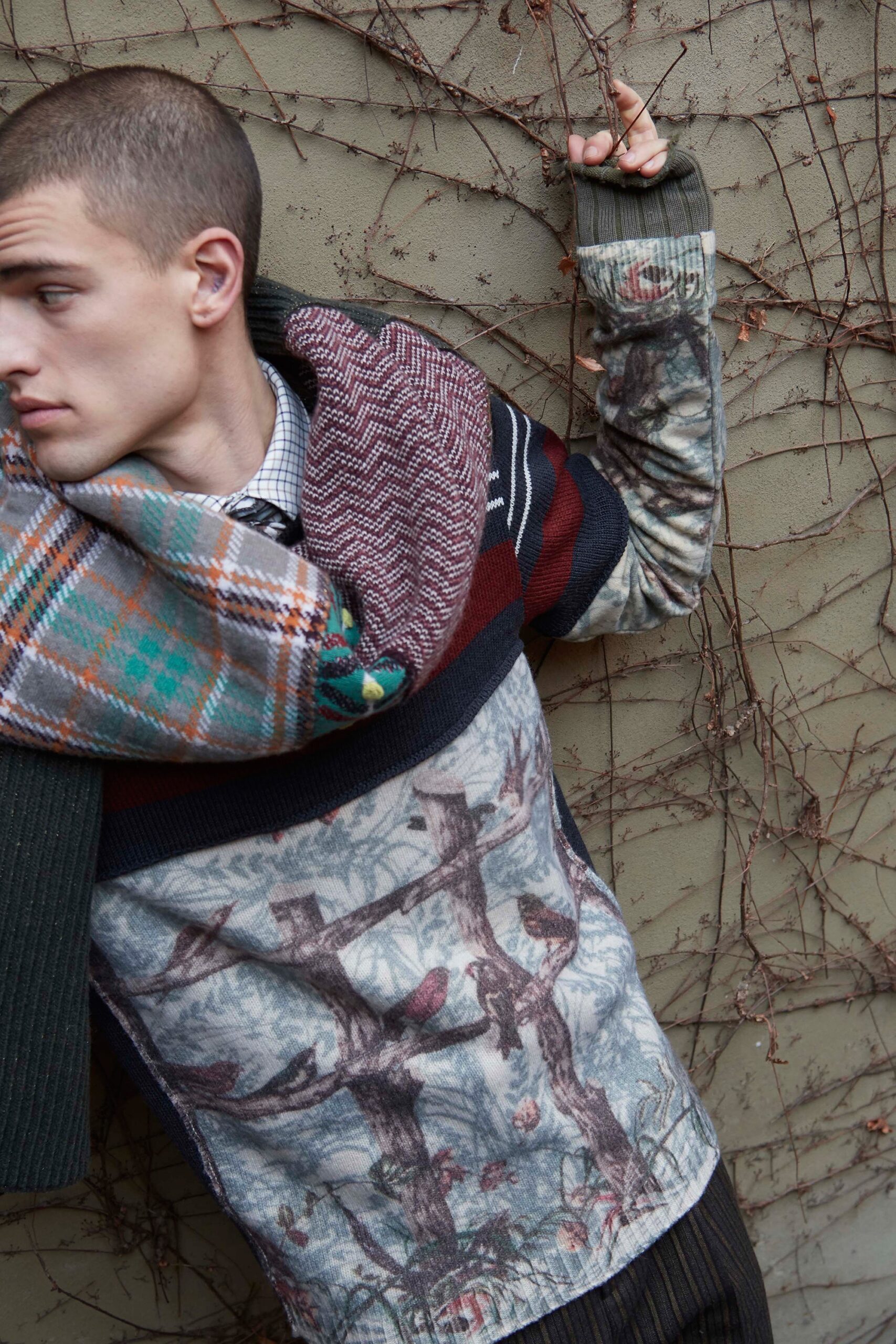 multi-colored printed sweater and scarf