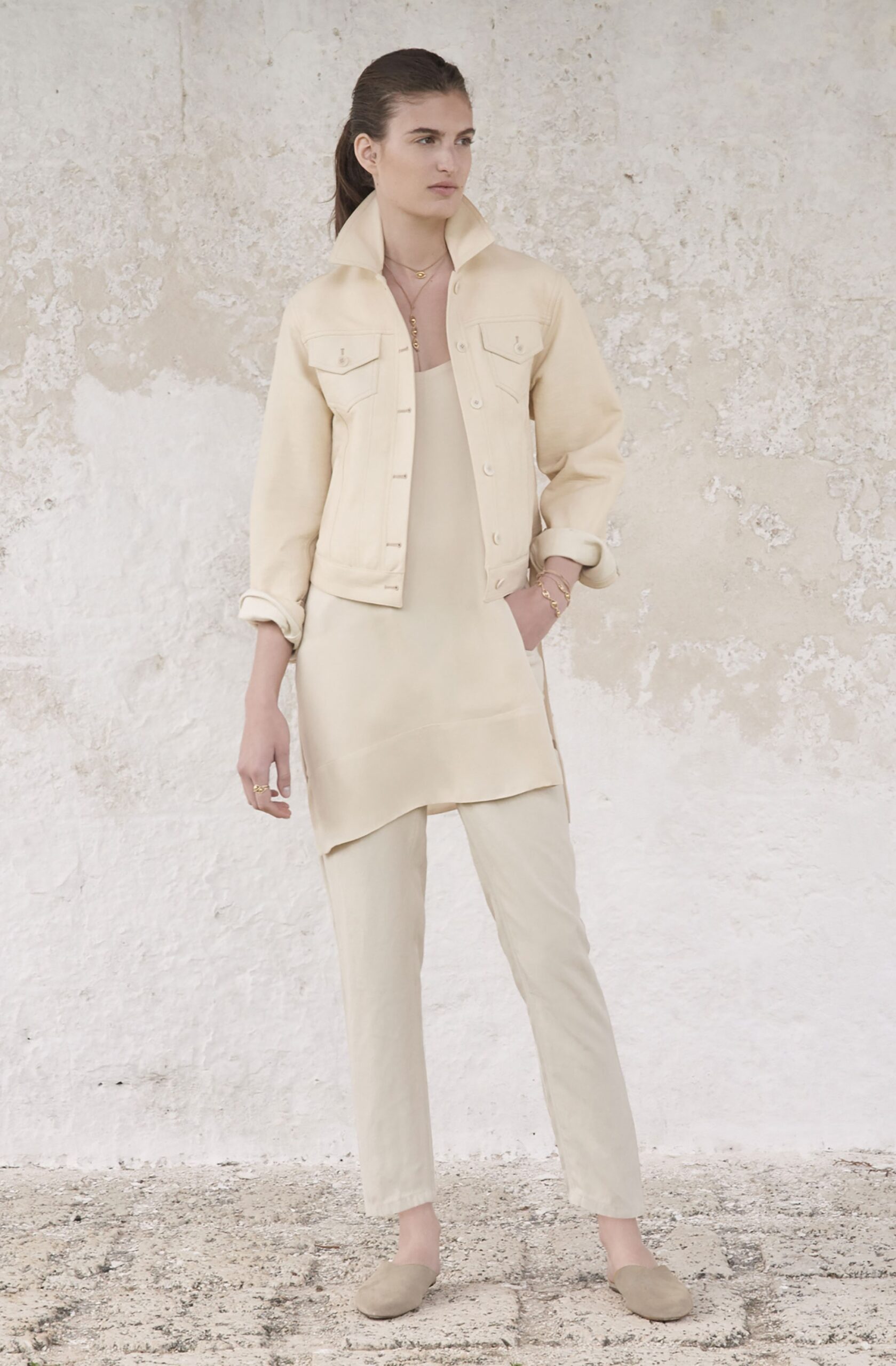 beige fitted jacket and relaxed top