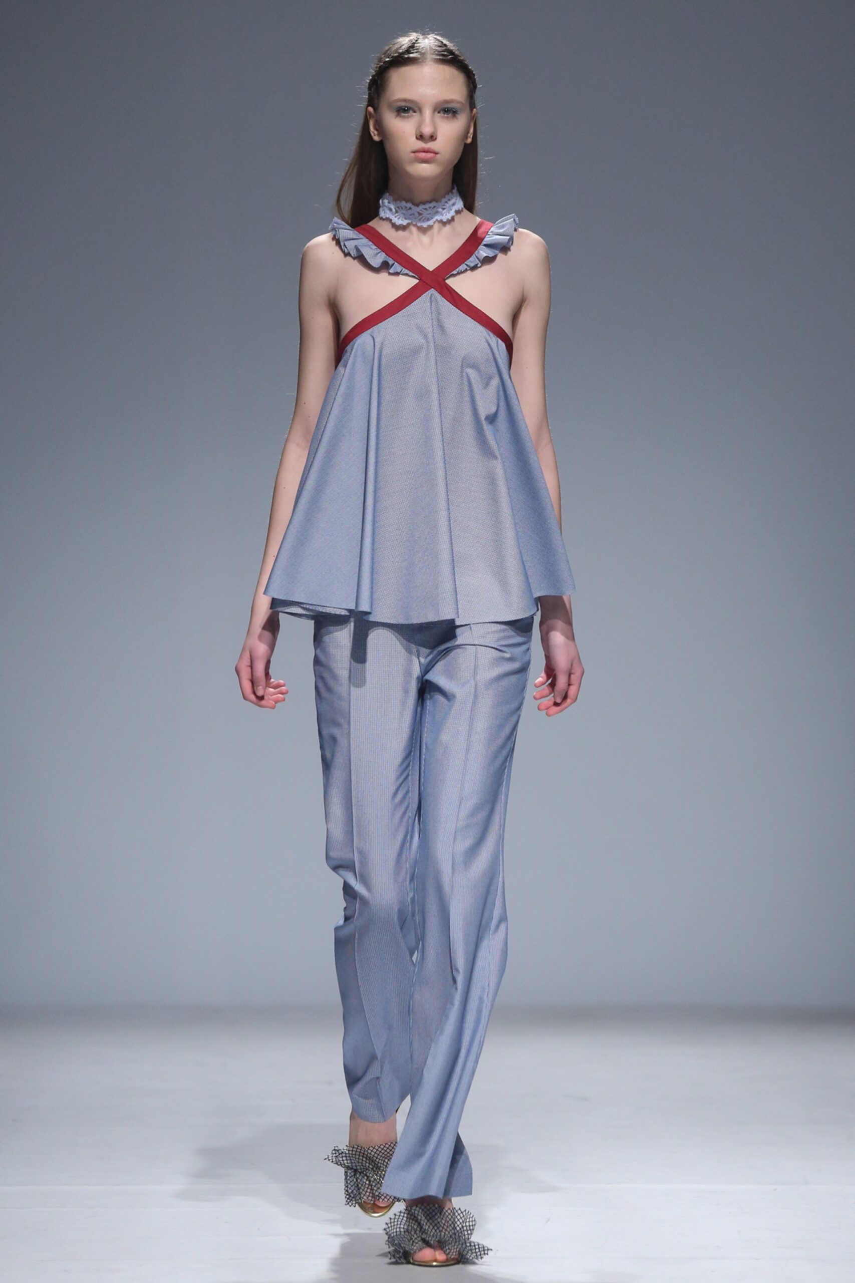 blue relaxed top with ruffles