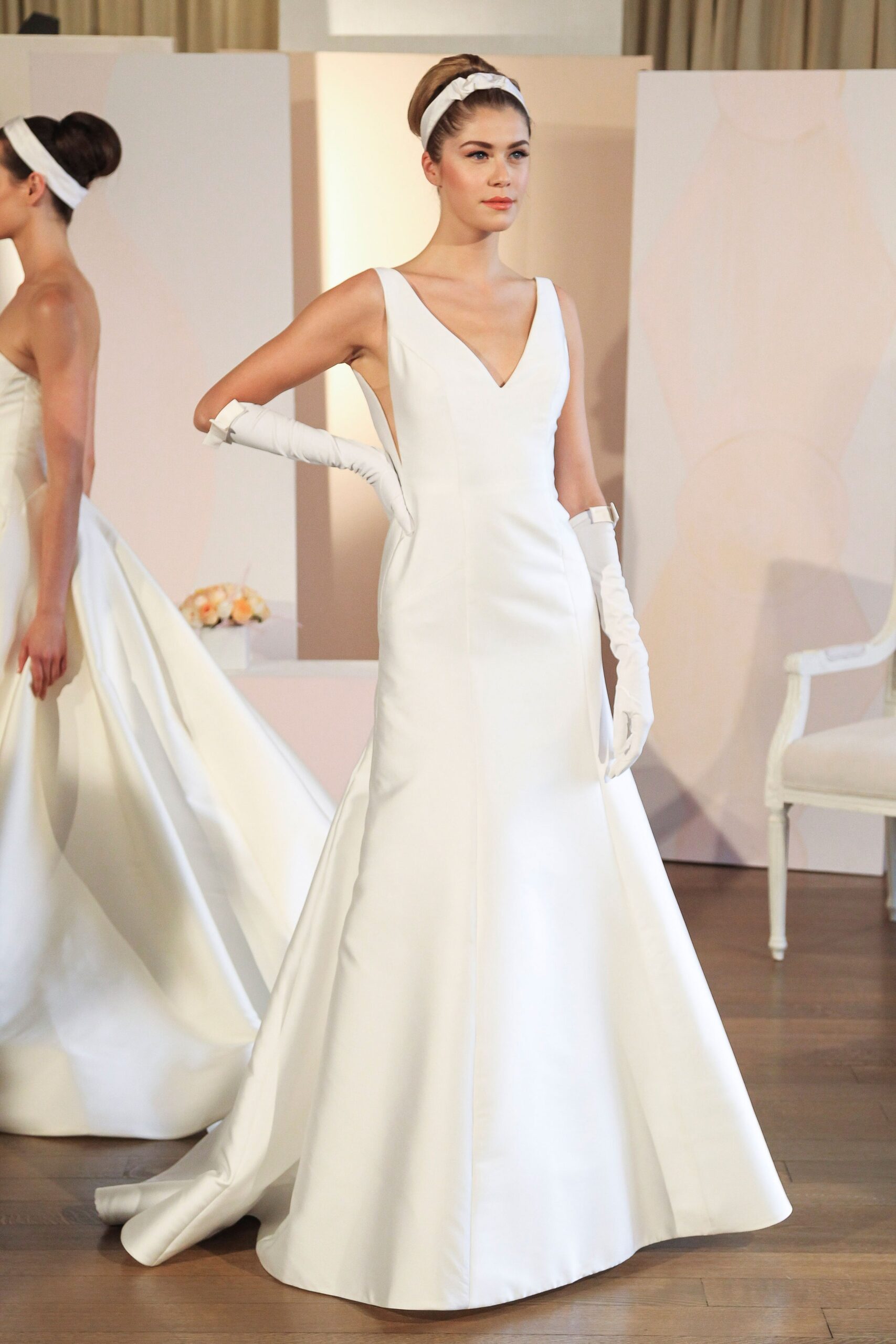 fitted white silk gown