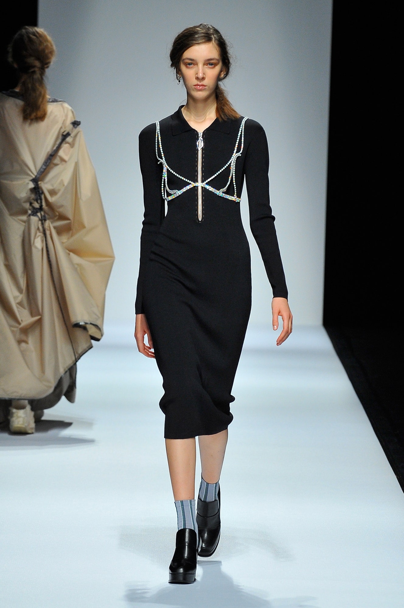 black fitted midi dress with zipper