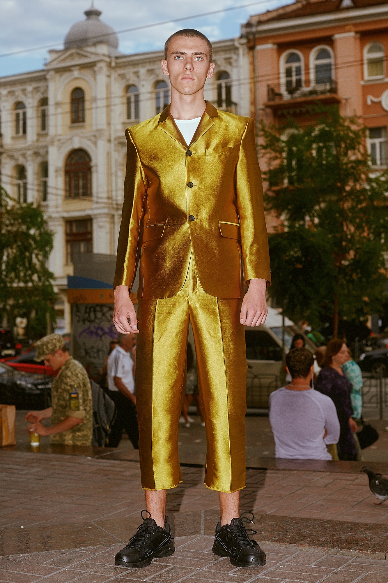 gold satin tailored suit