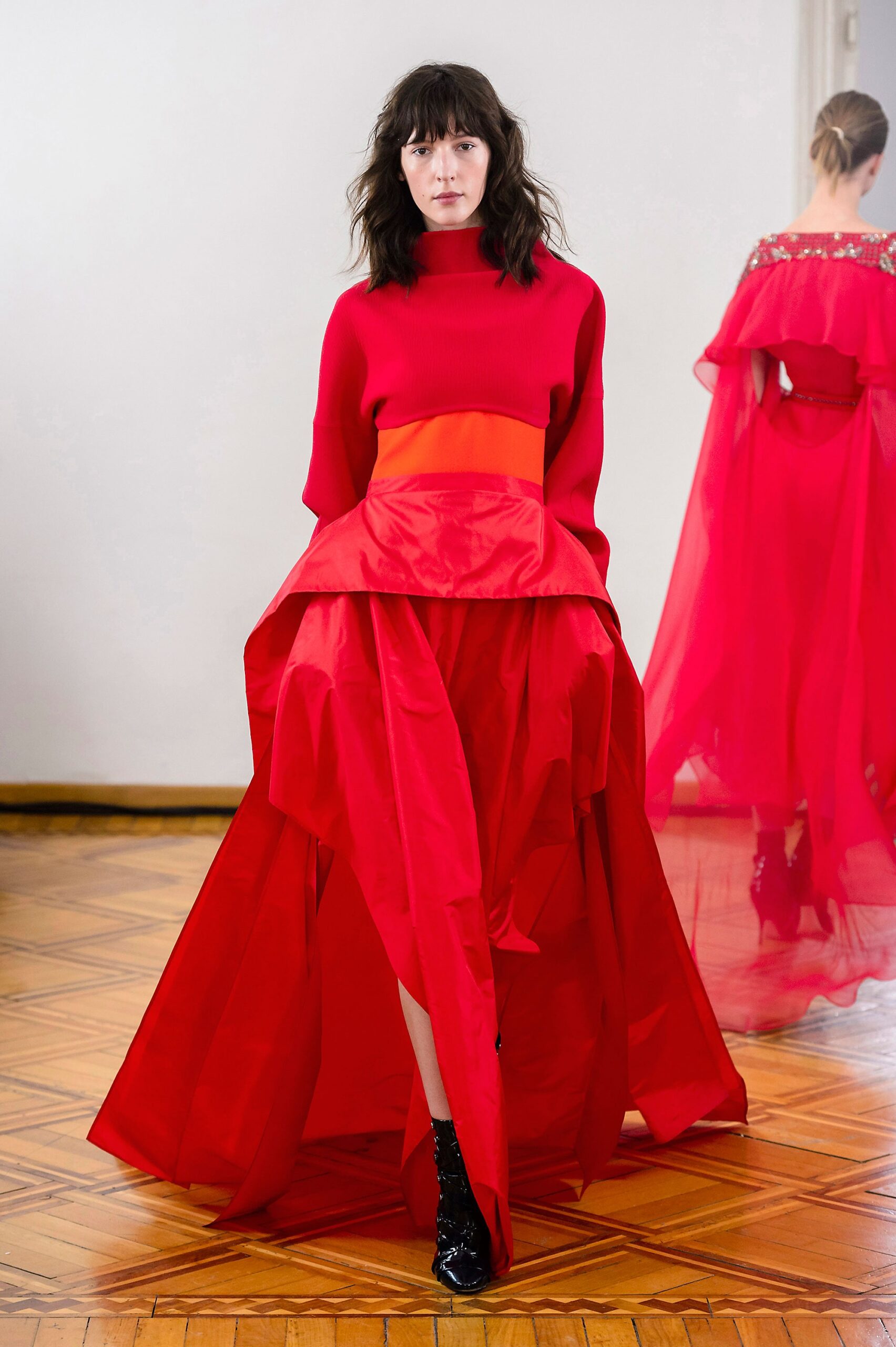 red silk long-sleeve maxi dress
