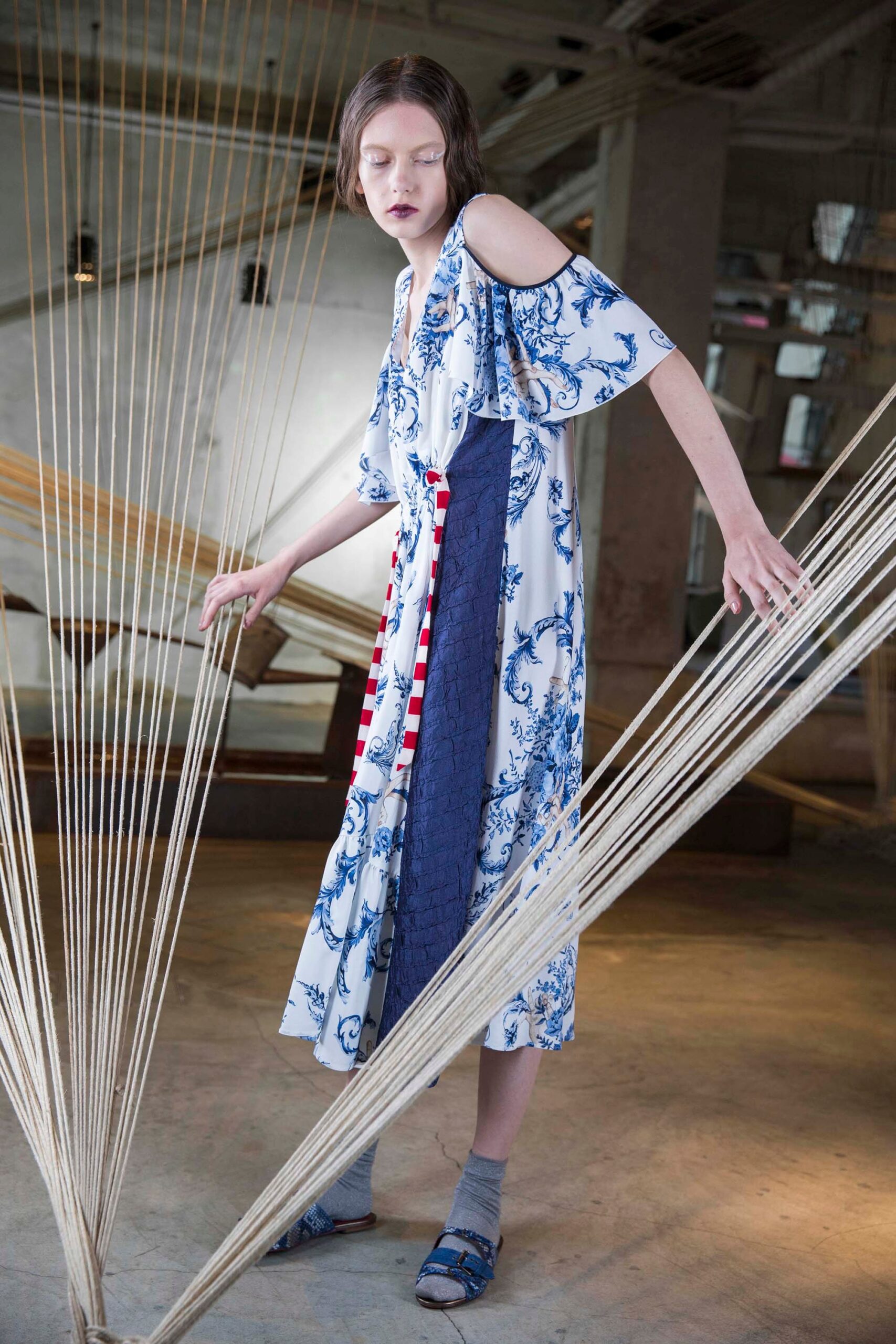 white and blue printed midi dress