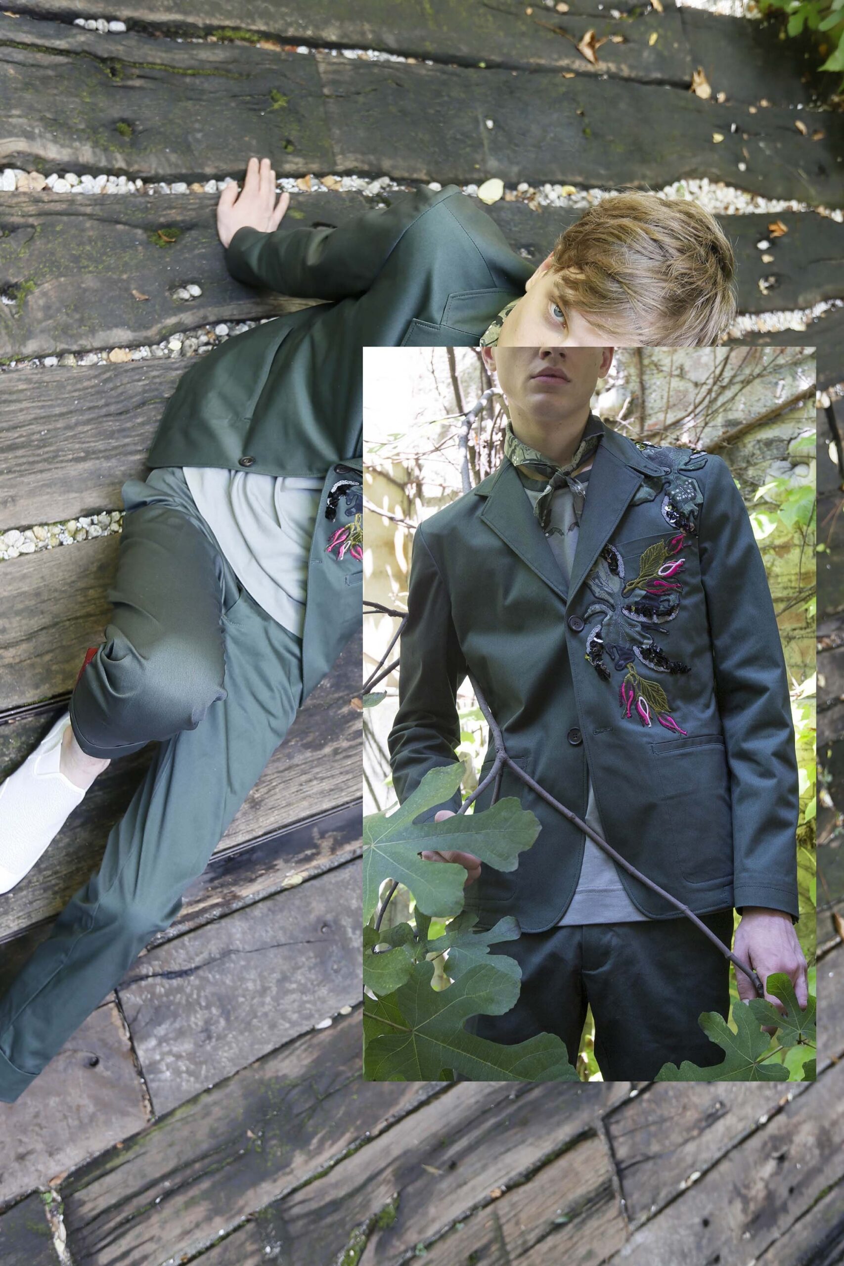 green cotton long-sleeve collared tailored embroidered suit