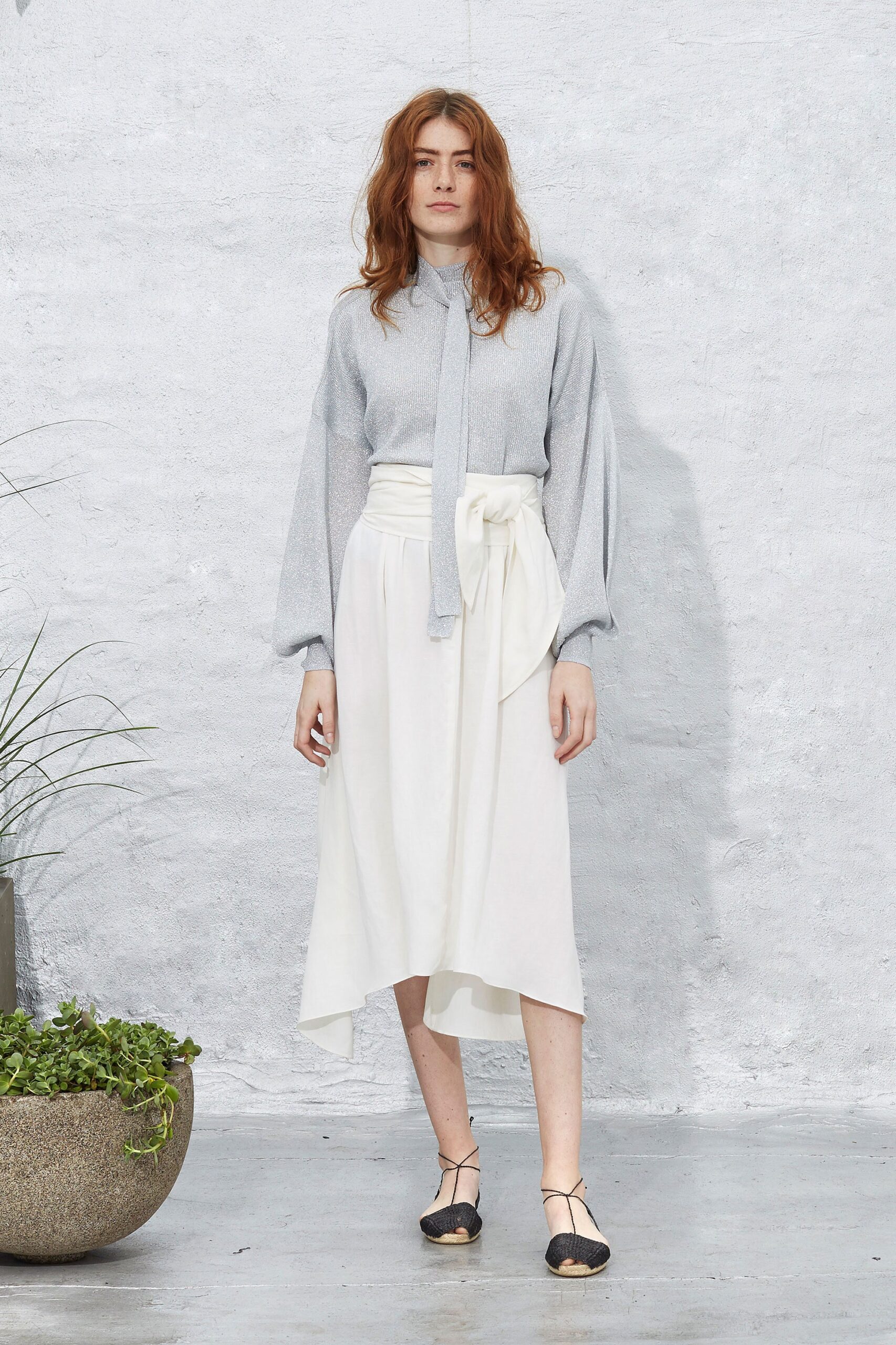 gray silk long-sleeve collared relaxed pleated blouse